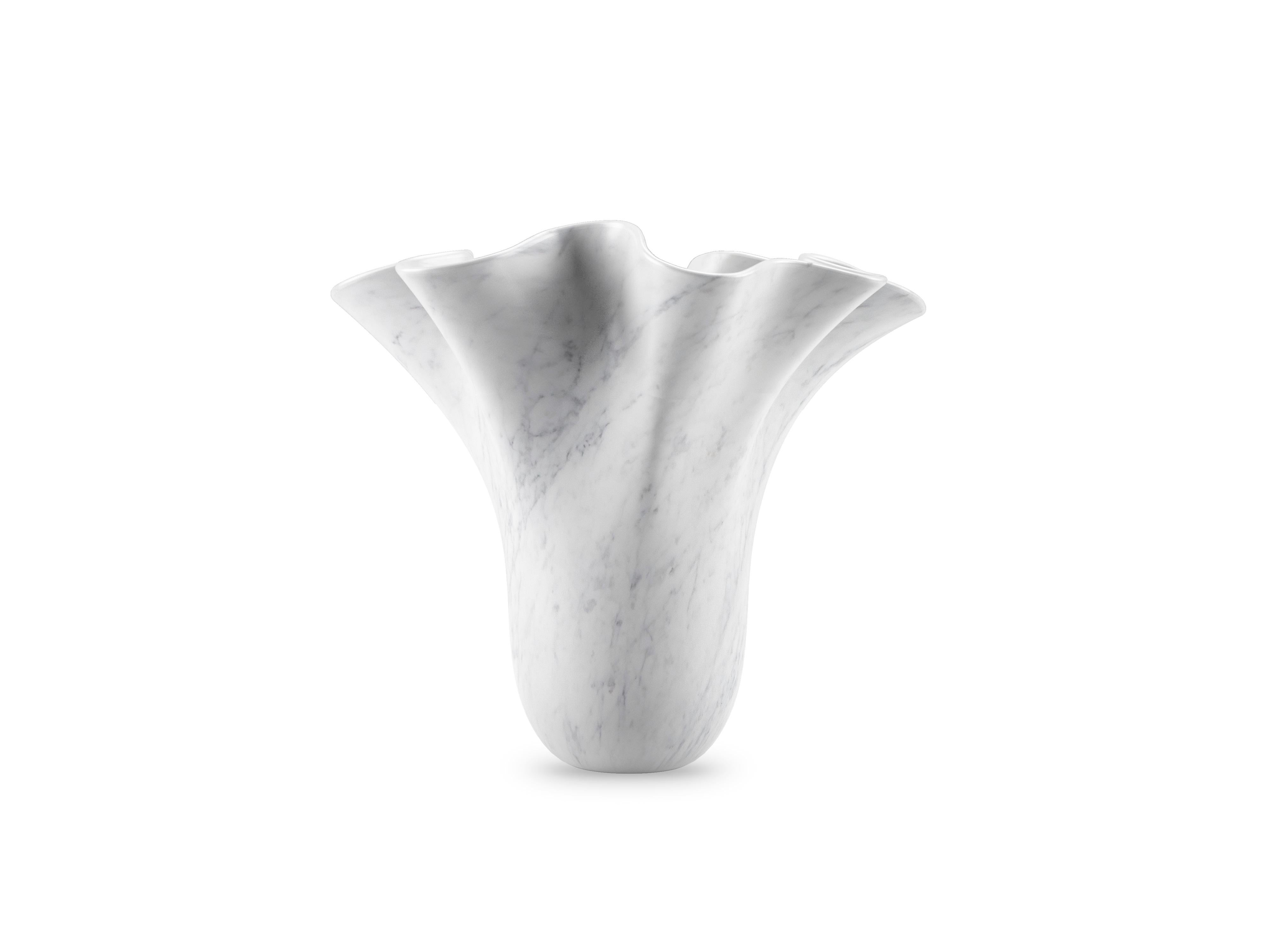 Hand-Crafted Sculptural Vase White Carrara Marble, Flower Shape Vessel, Hand Curved Italy For Sale