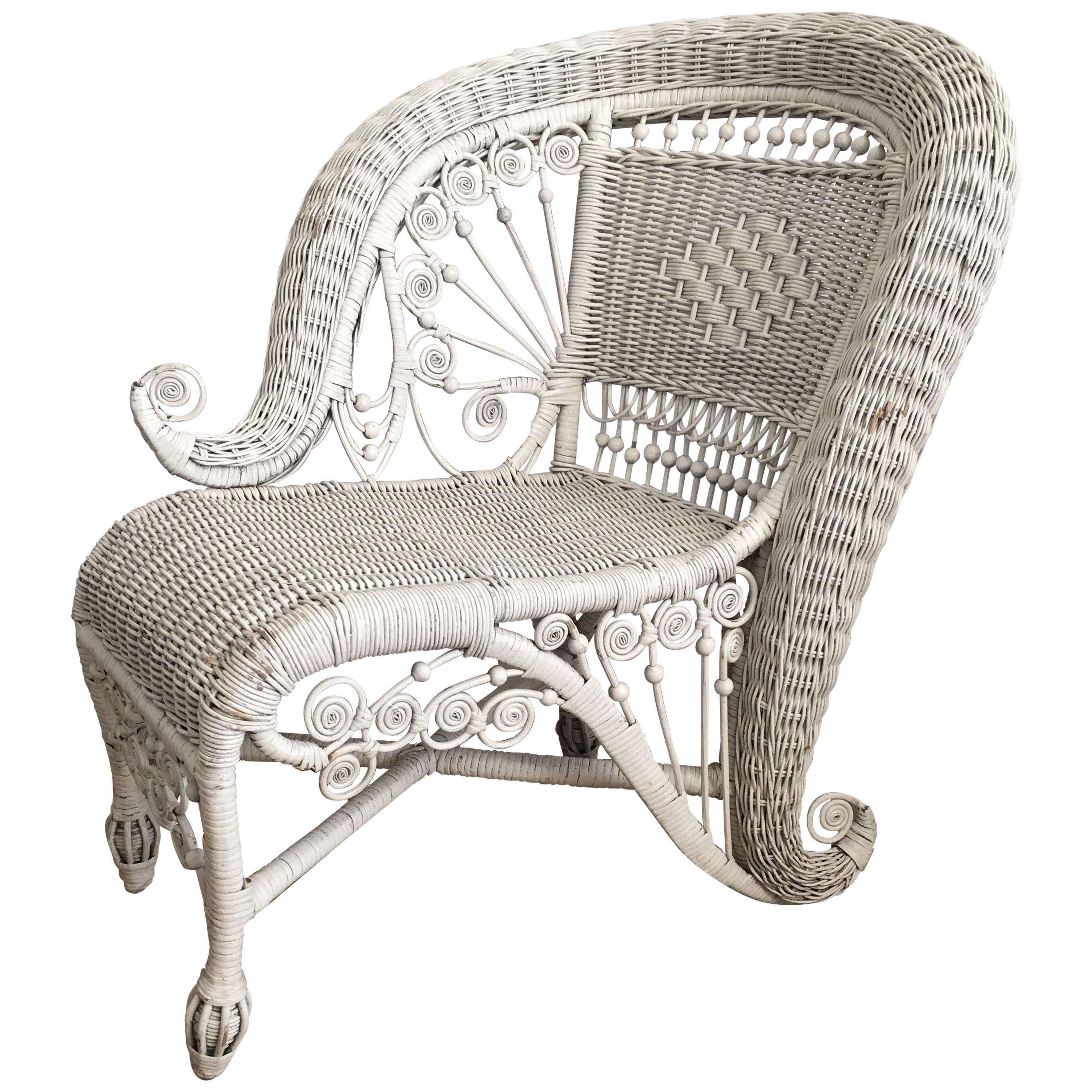 Sculptural Victorian Style Wicker Portrait Chair, Asymmetrical Rolled Right Arm