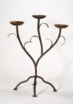 Sculptural Vintage 3-Arm Wrought Iron Candelabra, Handcrafted