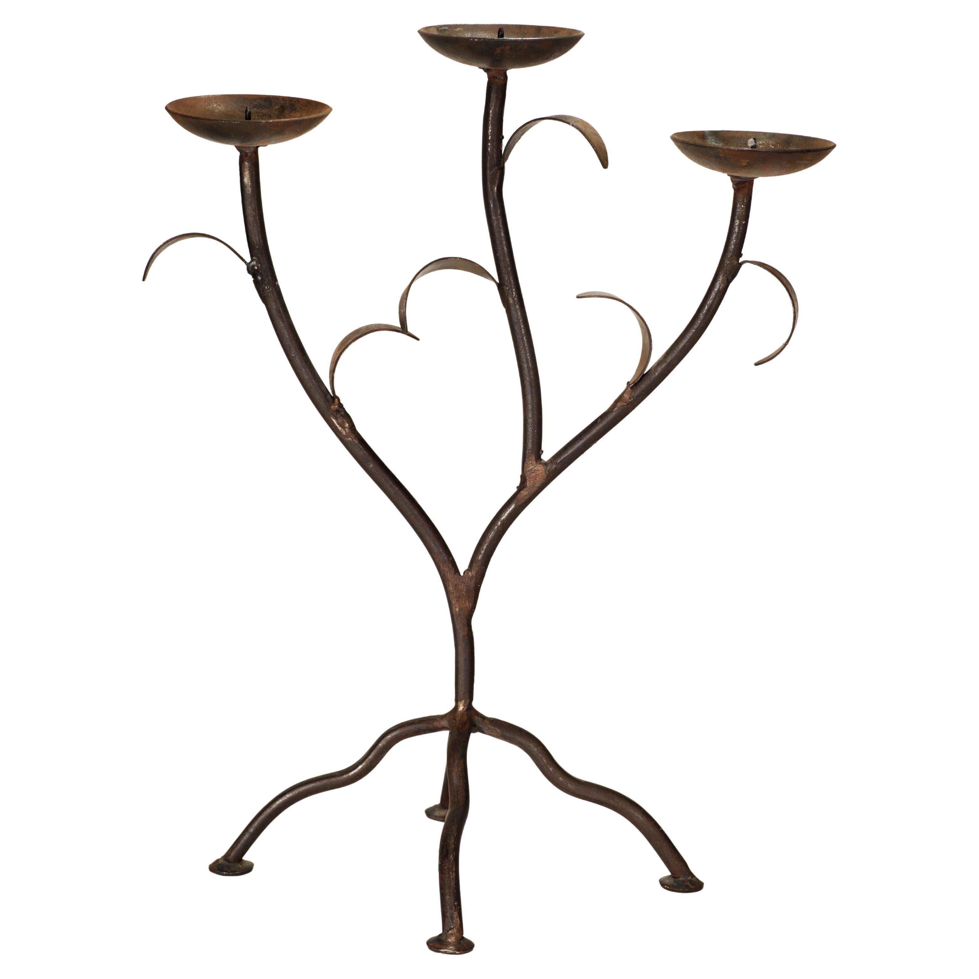 Chandelier sculptural vintage à 3 bras en fer forgé, fabriqué à la main