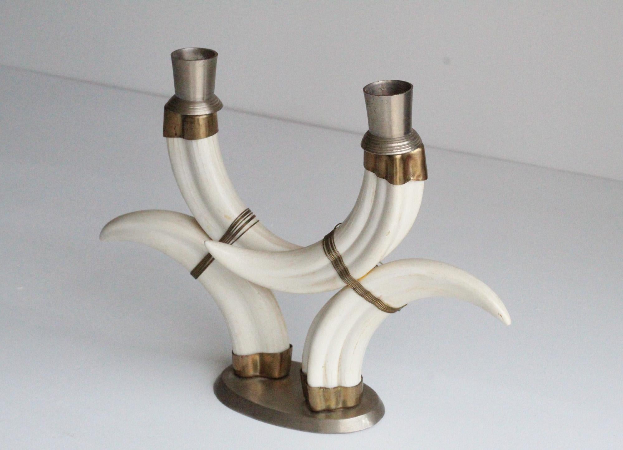 Mid-Century Modern Sculptural Vintage Faux Tusk Horn Candleholder