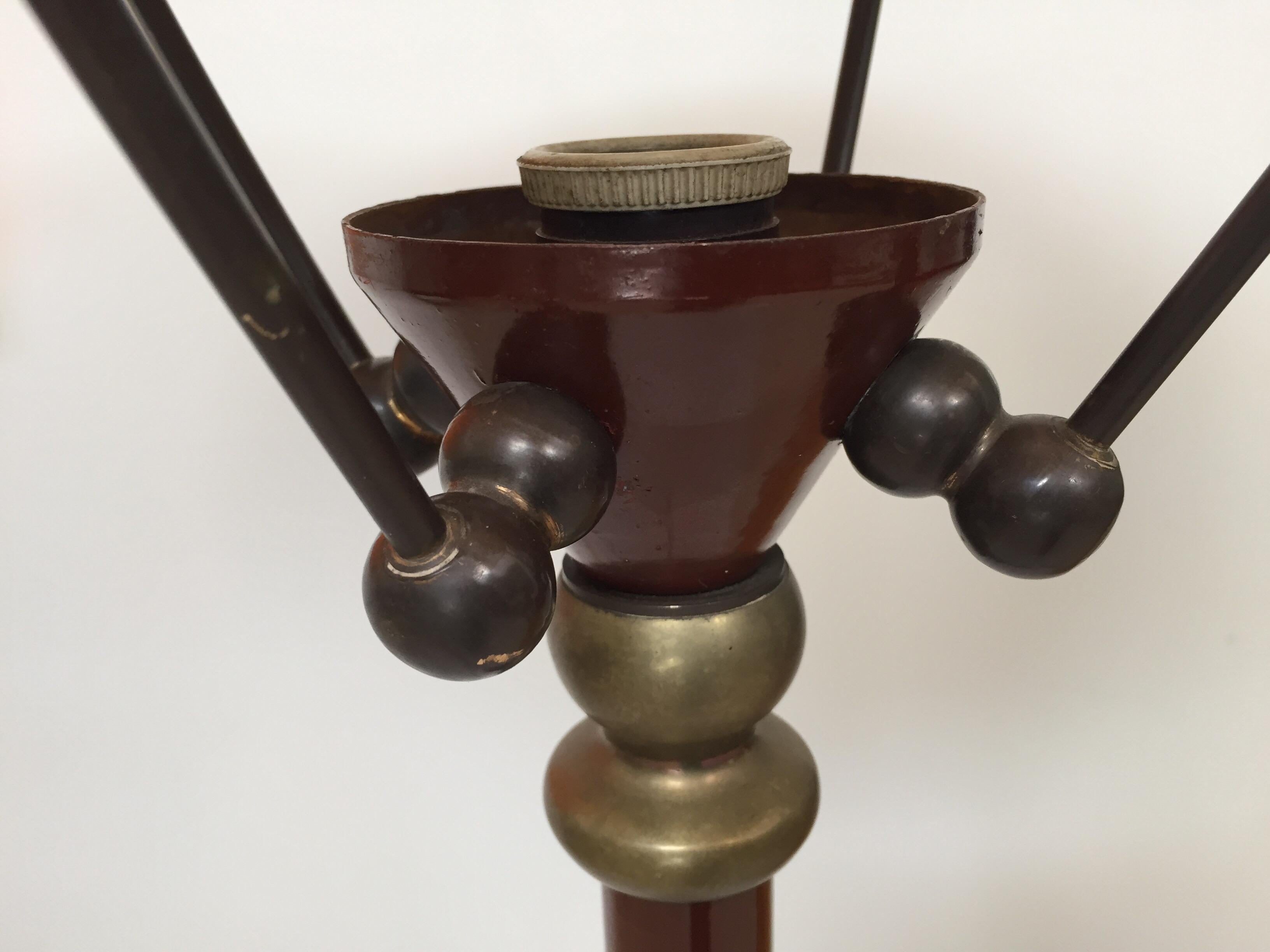 Vintage Sculptural French Tripod Floor Lamp Brown Enamel Shade, 1950s In Good Condition For Sale In North Hollywood, CA