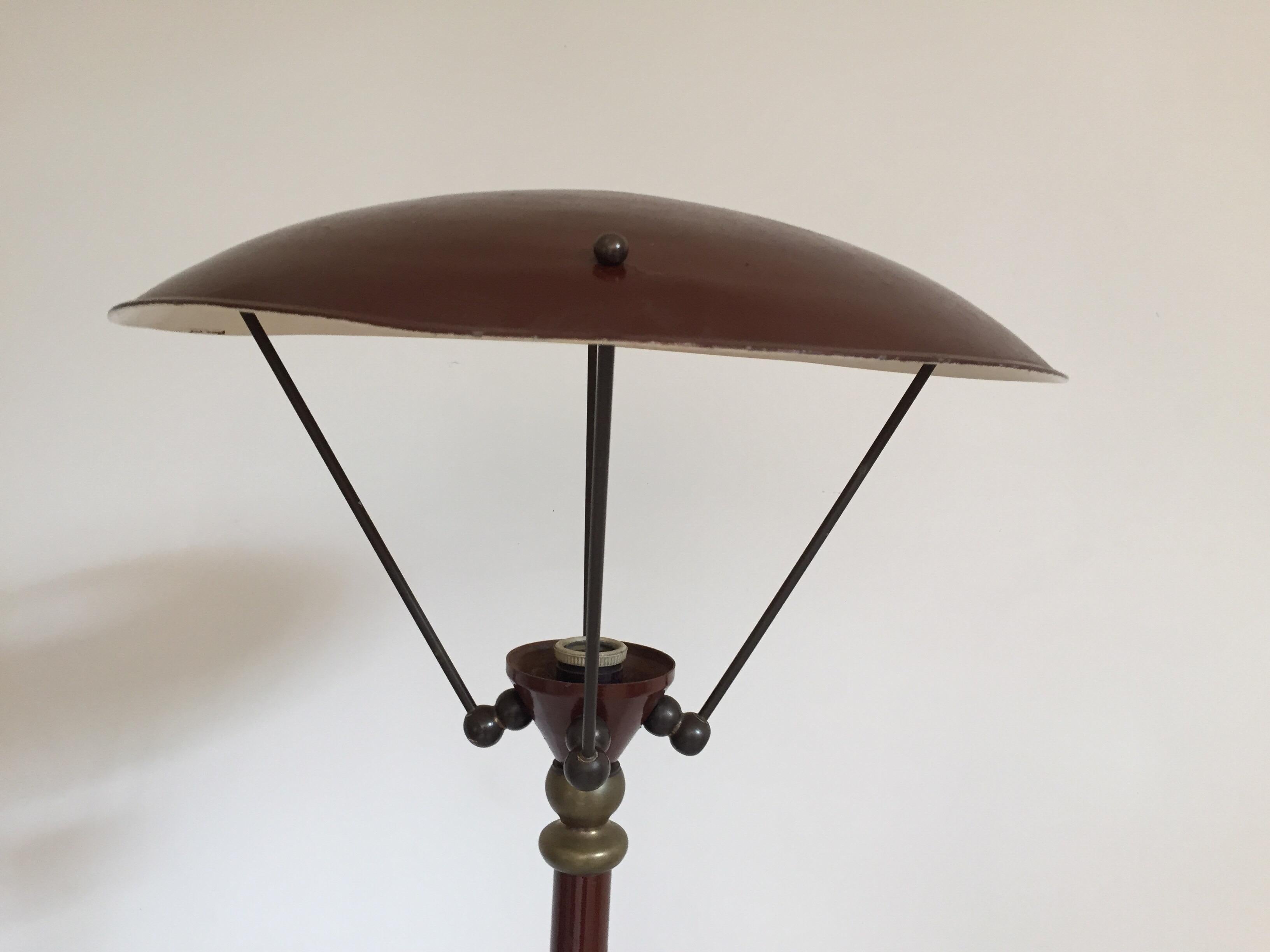 20th Century Vintage Sculptural French Tripod Floor Lamp Brown Enamel Shade, 1950s For Sale