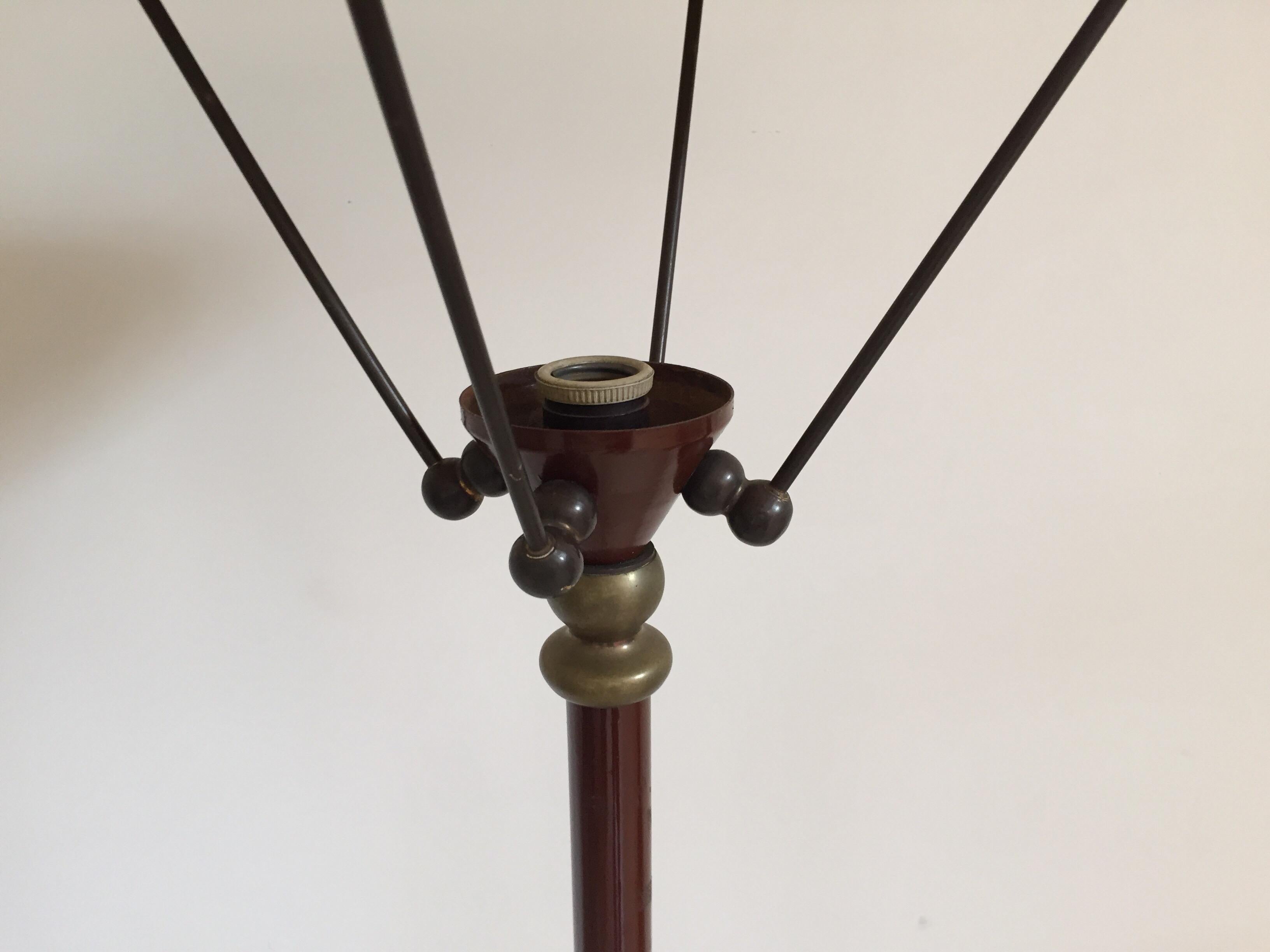 Enameled Vintage Sculptural French Tripod Floor Lamp Brown Enamel Shade, 1950s For Sale