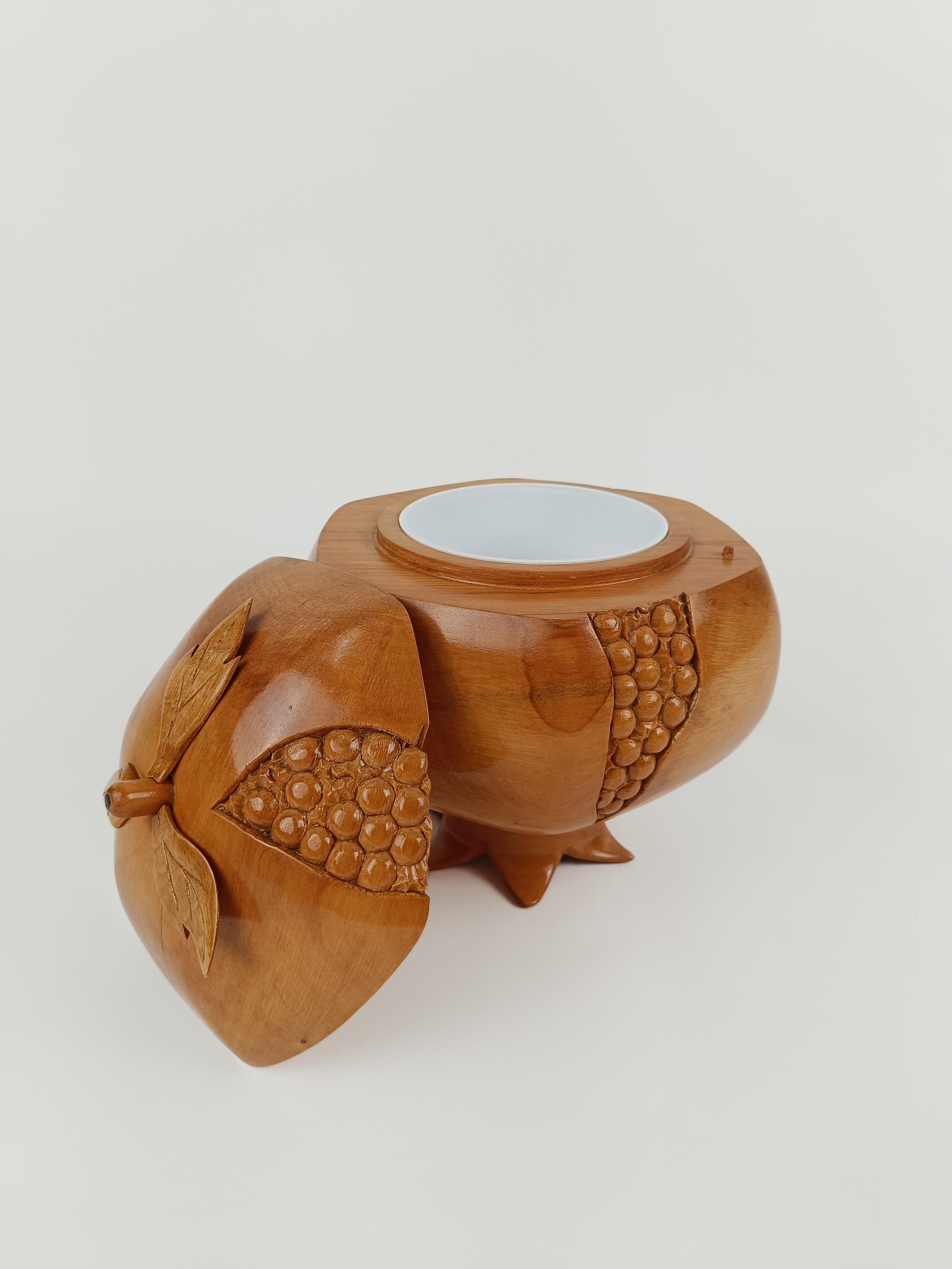 Sculptural Vintage Ice Bucket in maple wood carved in the shape of a pomegranate 2
