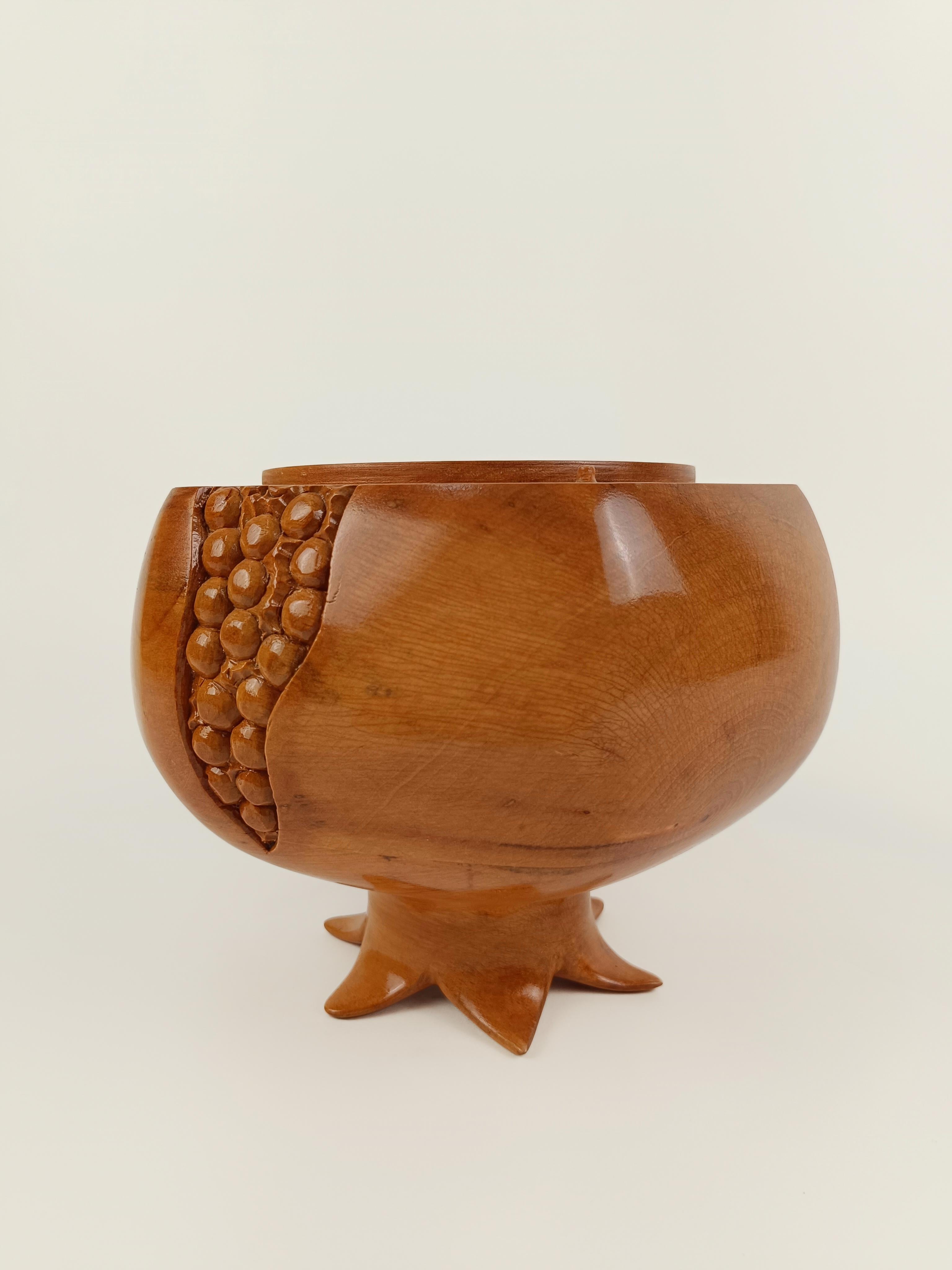 Sculptural Vintage Ice Bucket in maple wood carved in the shape of a pomegranate 3