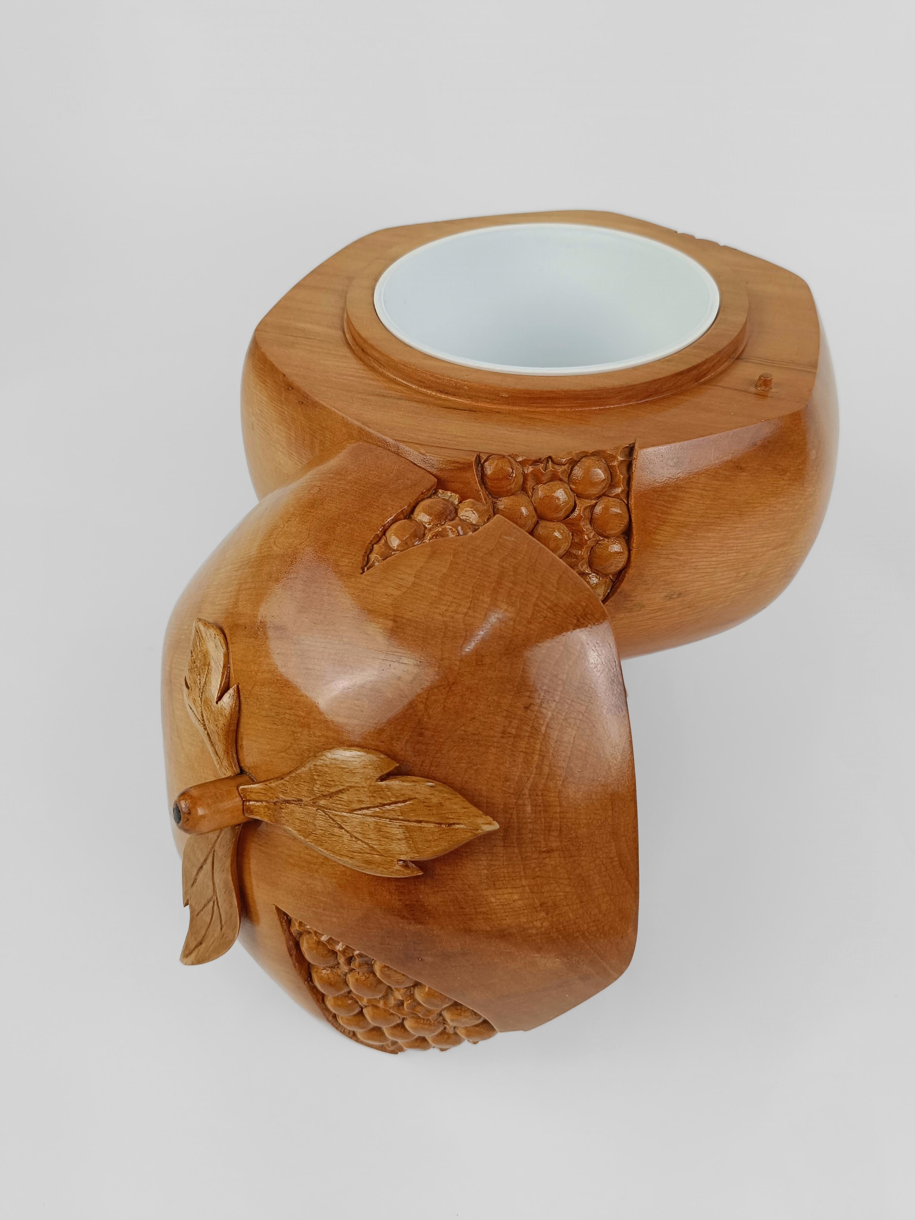 Sculptural Vintage Ice Bucket in maple wood carved in the shape of a pomegranate 7
