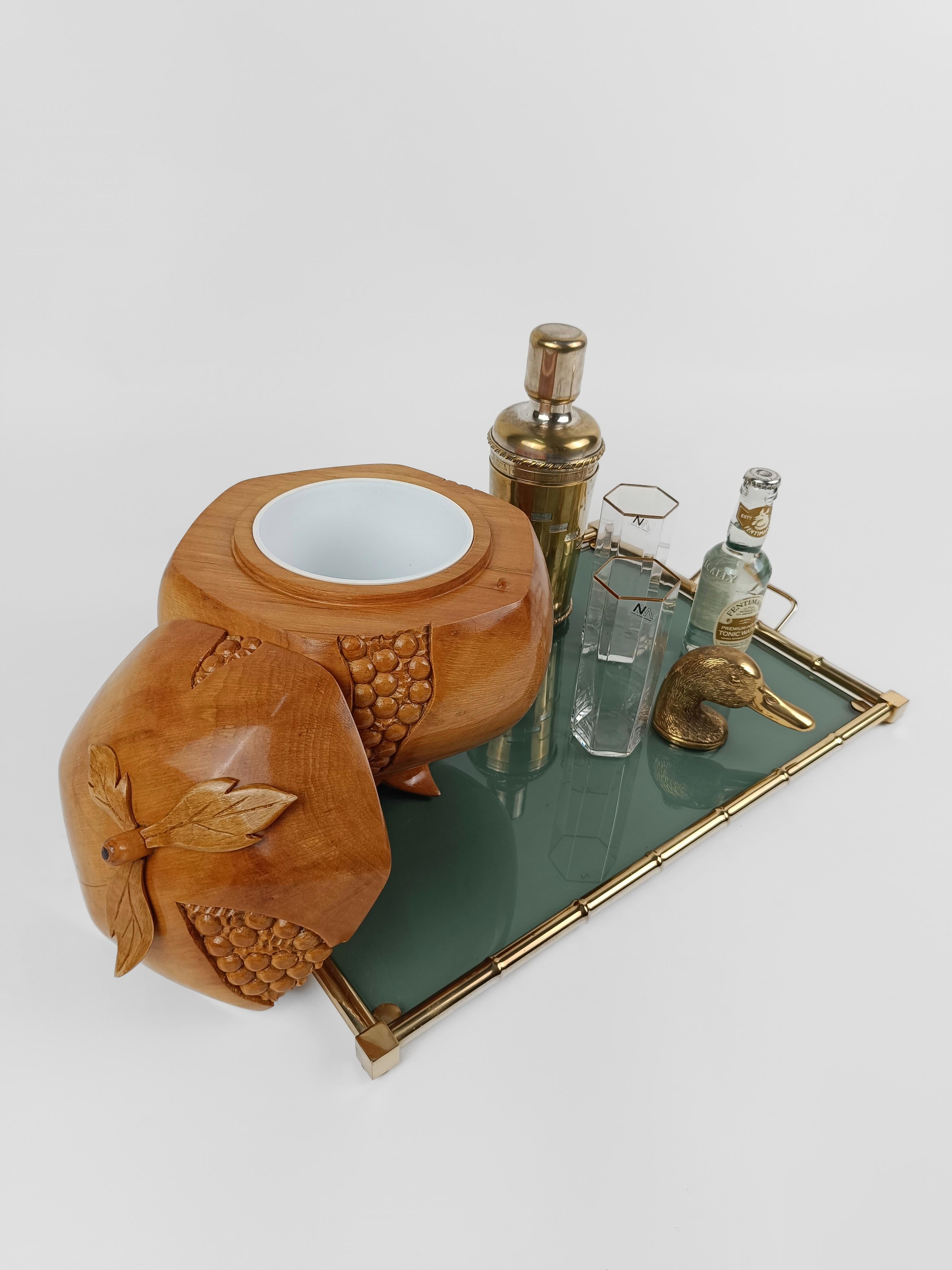 Italian Sculptural Vintage Ice Bucket in maple wood carved in the shape of a pomegranate