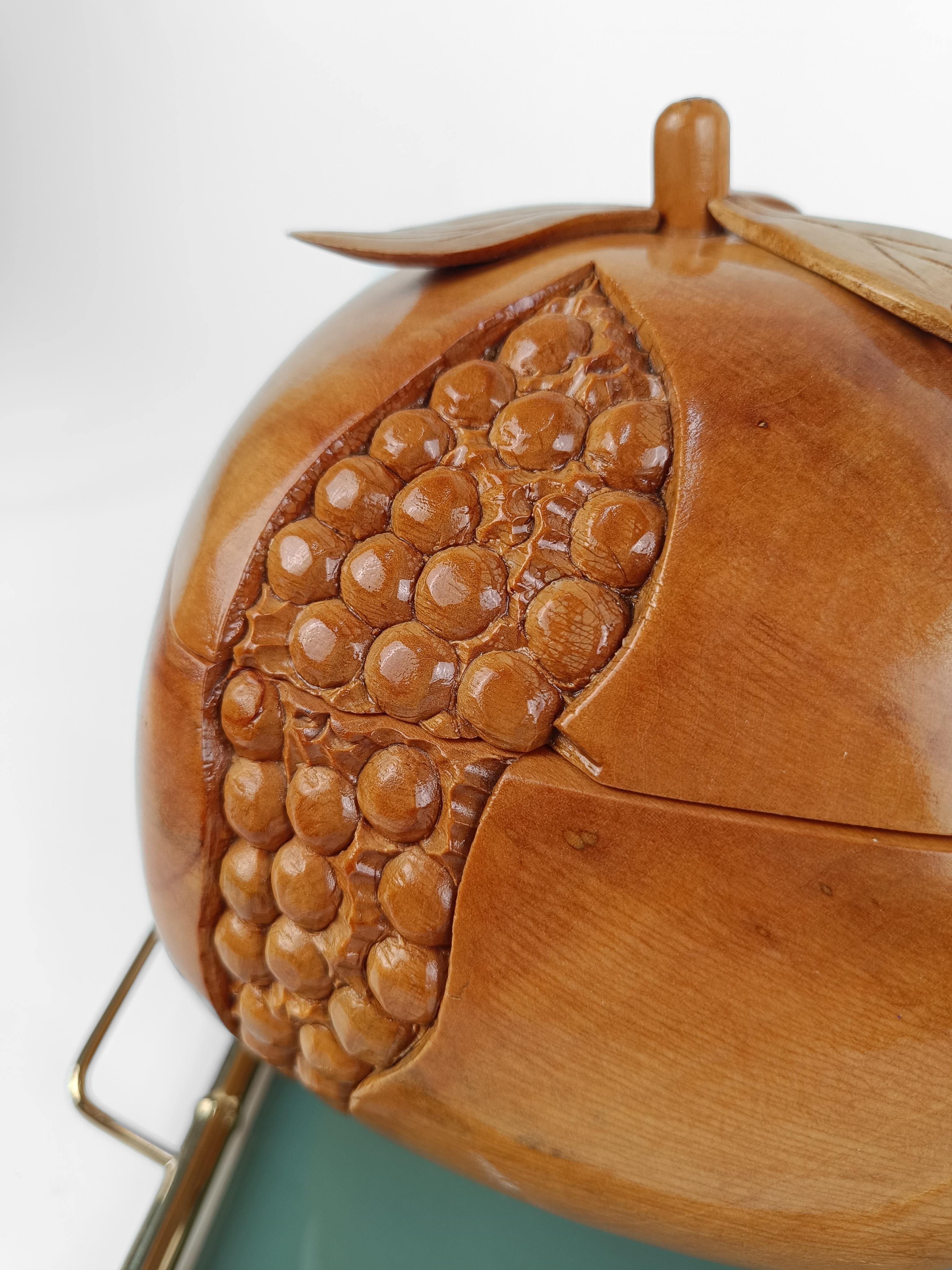 Hand-Carved Sculptural Vintage Ice Bucket in maple wood carved in the shape of a pomegranate
