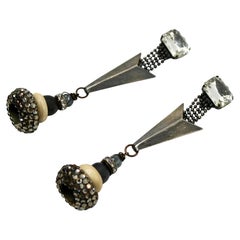 Sculptural Vintage Modernist Crystal & Gunmetal Tiered Drop Earrings