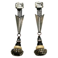 Sculptural Vintage Modernist Crystal & Gunmetal Tiered Drop Earrings