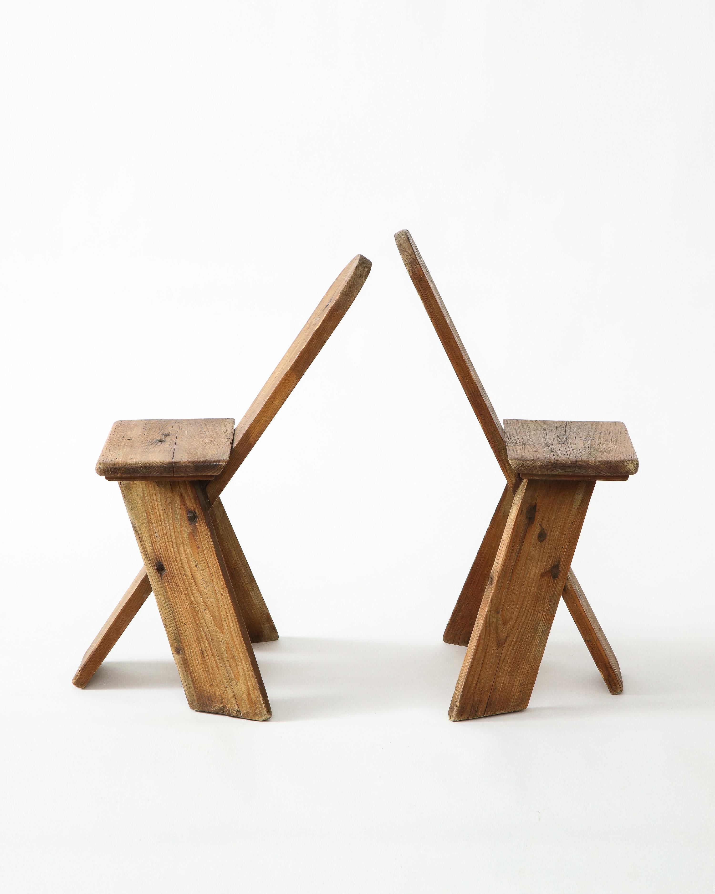 French Sculptural Vintage Organic Modern Pine Side Chairs, France, 1960s