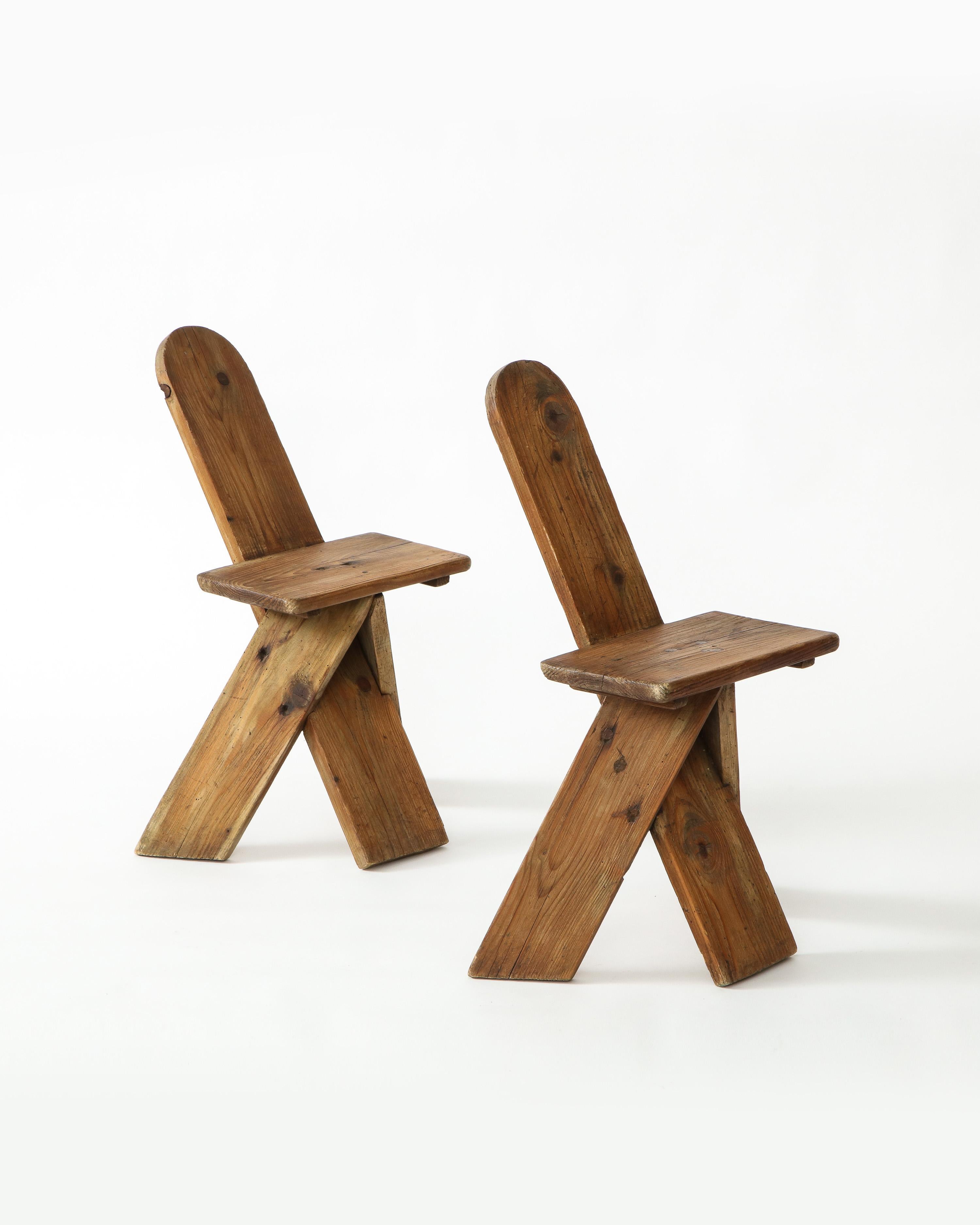 Hardwood Sculptural Vintage Organic Modern Pine Side Chairs, France, 1960s
