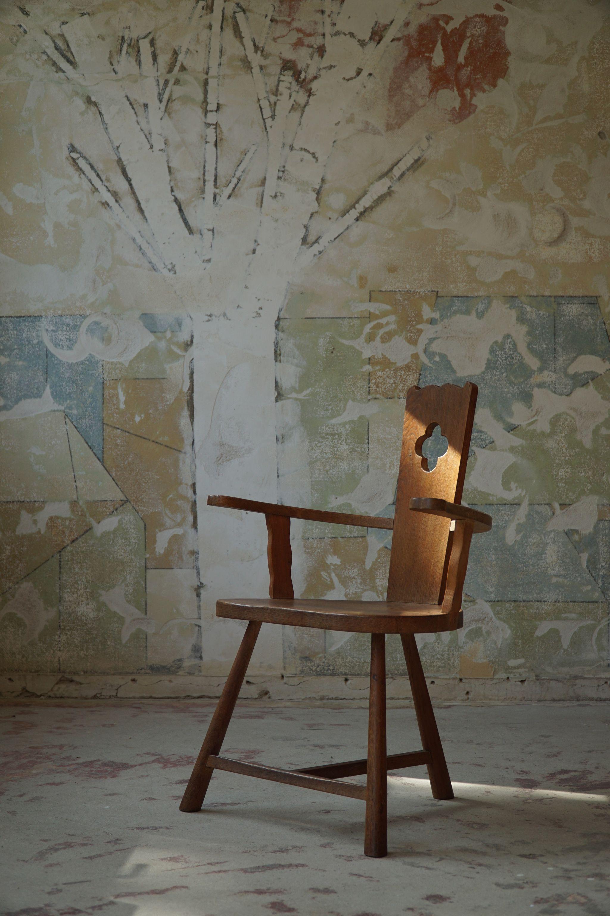 Swedish Sculptural Vintage Armchair in Solid Oak, Early 20th Century