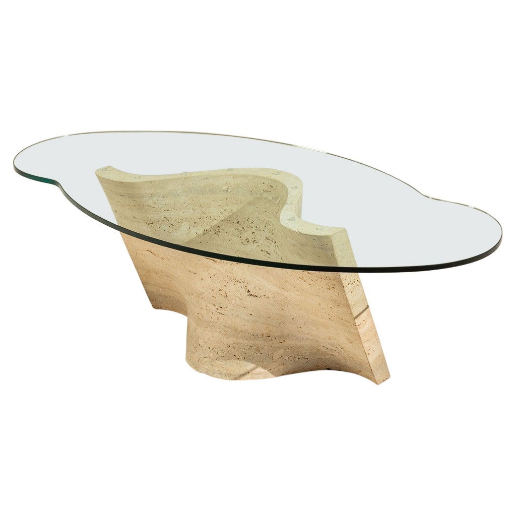 Sculptural Vintage Travertine Coffee Table with Glass Top, Italy 1970s