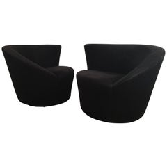 Retro Sculptural Vladimir Kagan Directional Nautilus Swivel Lounge Chairs, Black