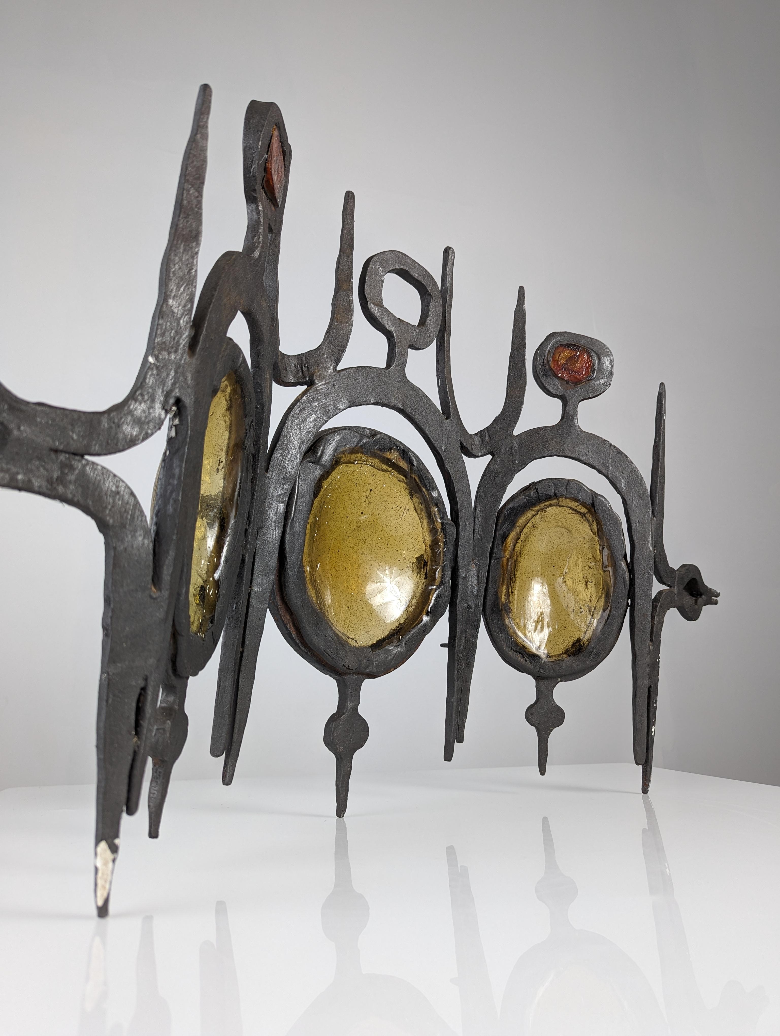 20th Century Sculptural wall sconce in wrought iron and blown glass, set of 3. For Sale