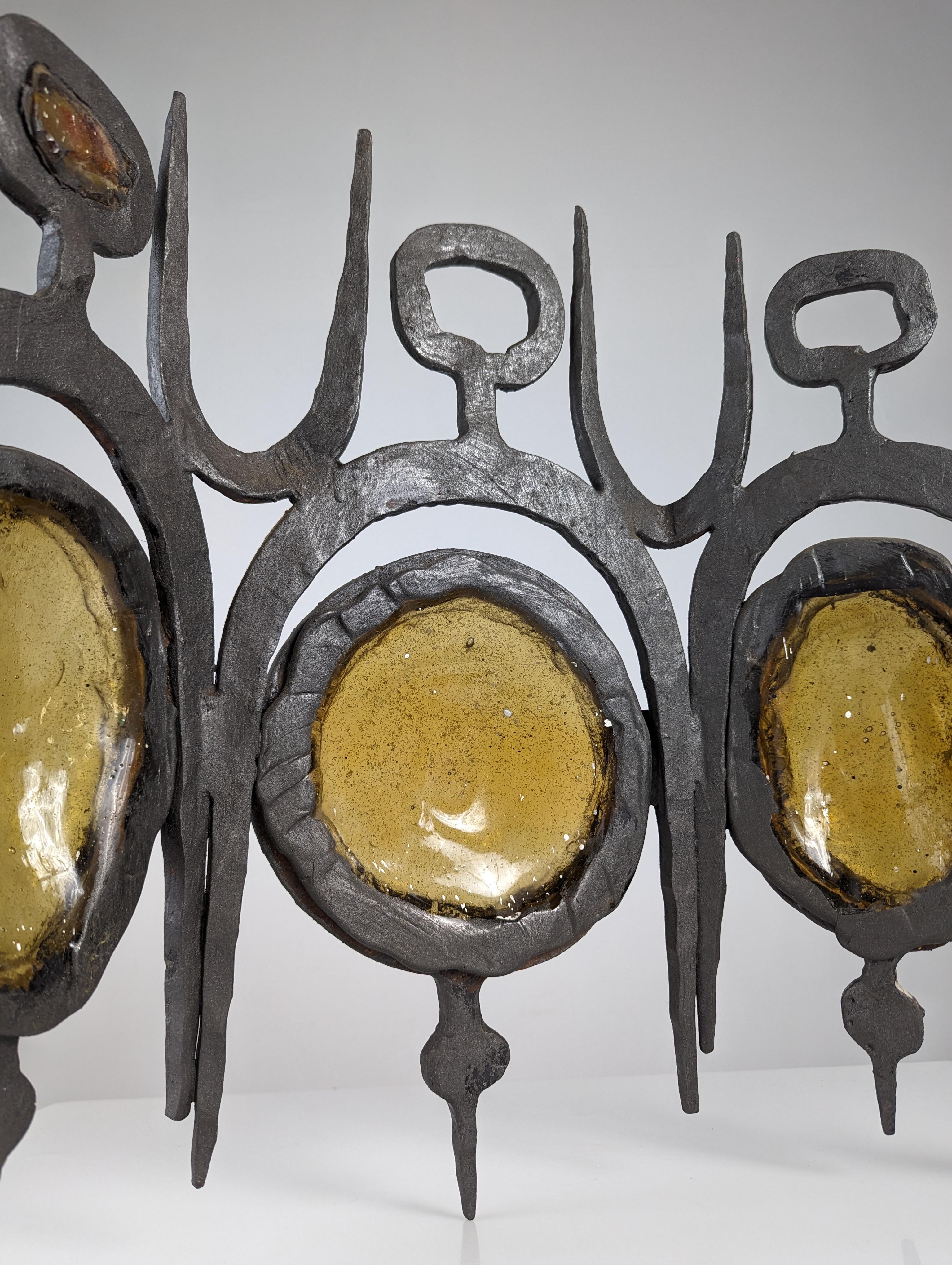 Iron Sculptural wall sconce in wrought iron and blown glass, set of 3. For Sale