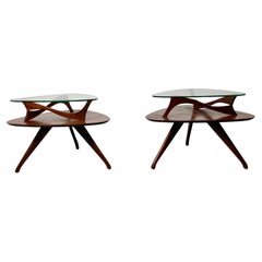 Sculptural Walnut and Glass Modernist End Tables After Vladimir Kagan / Pearsall