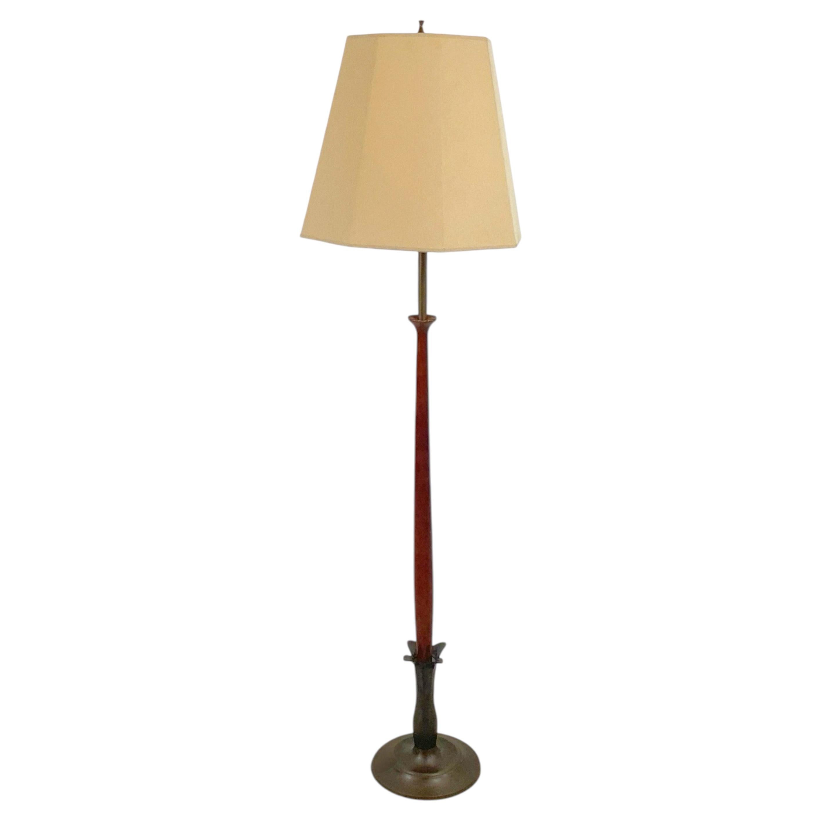 Sculptural Walnut and Patinated Metal Floor Lamp in the Style of Laurel Lamp Co