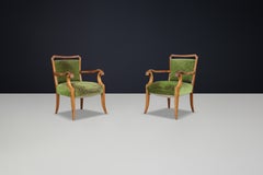 Sculptural Walnut Art Deco Armchairs with Original green Floral Upholstery Italy
