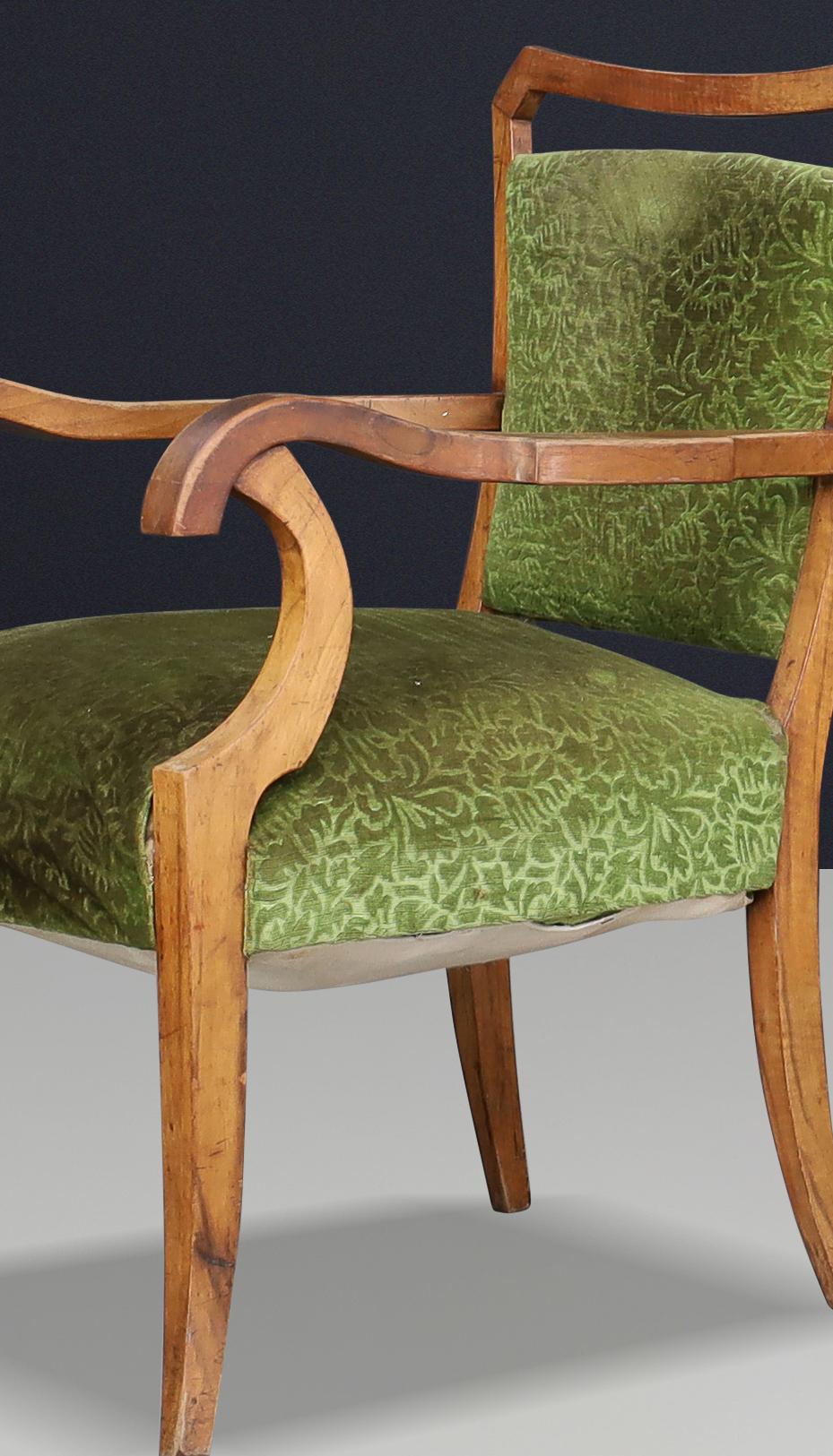 Sculptural Walnut Art Deco Armchairs with Original green Floral Upholstery Italy For Sale 4