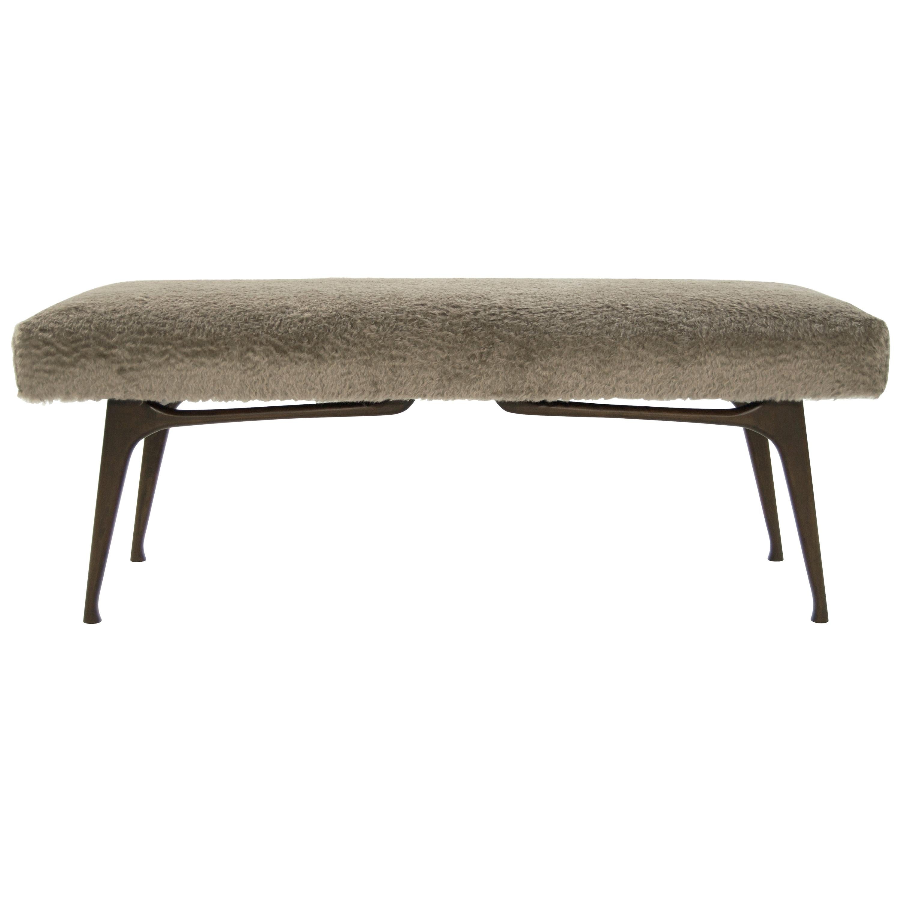 Sculptural Walnut Bench in Mohair, Italy, 1950s