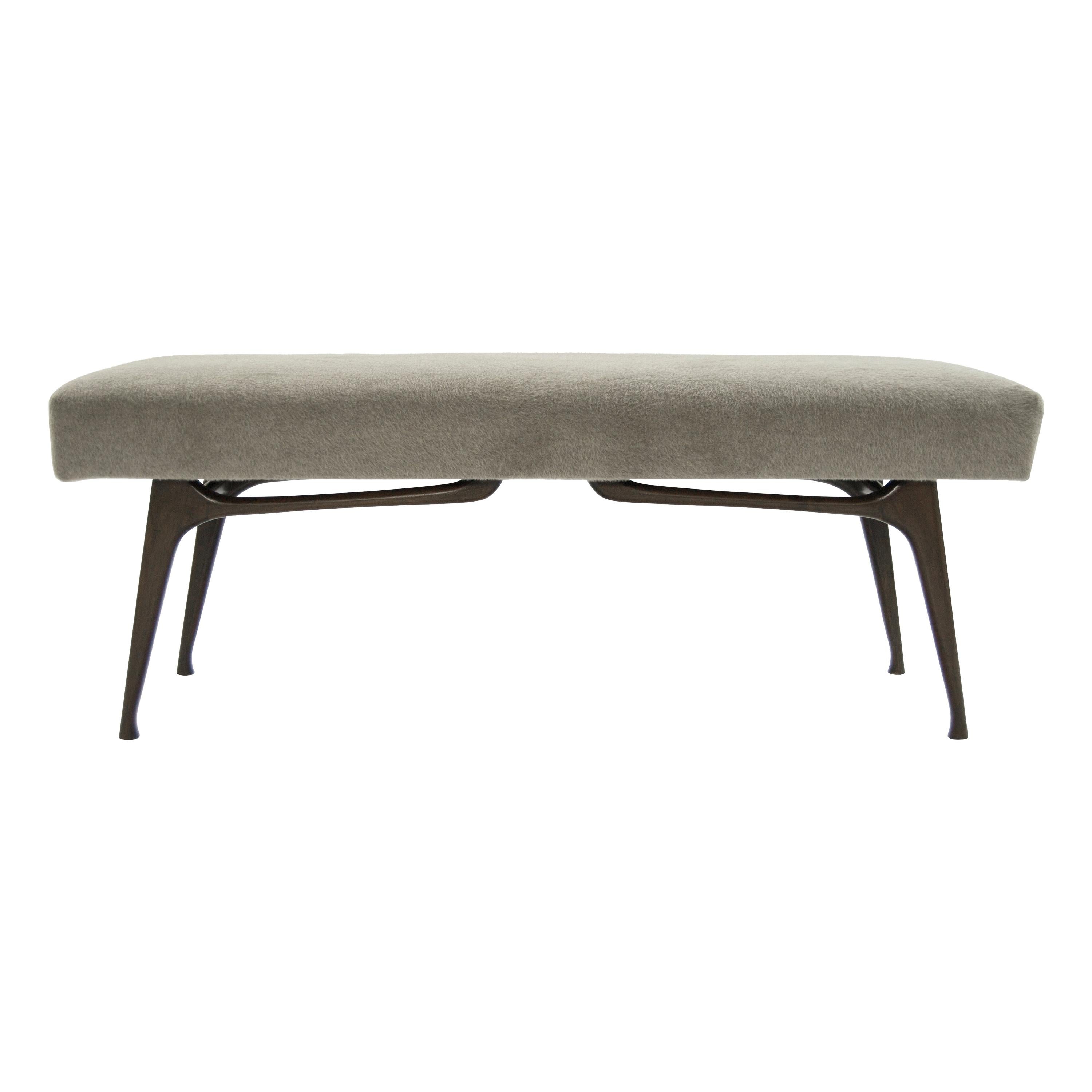 Sculptural Walnut Bench in Mohair, Italy, 1950s