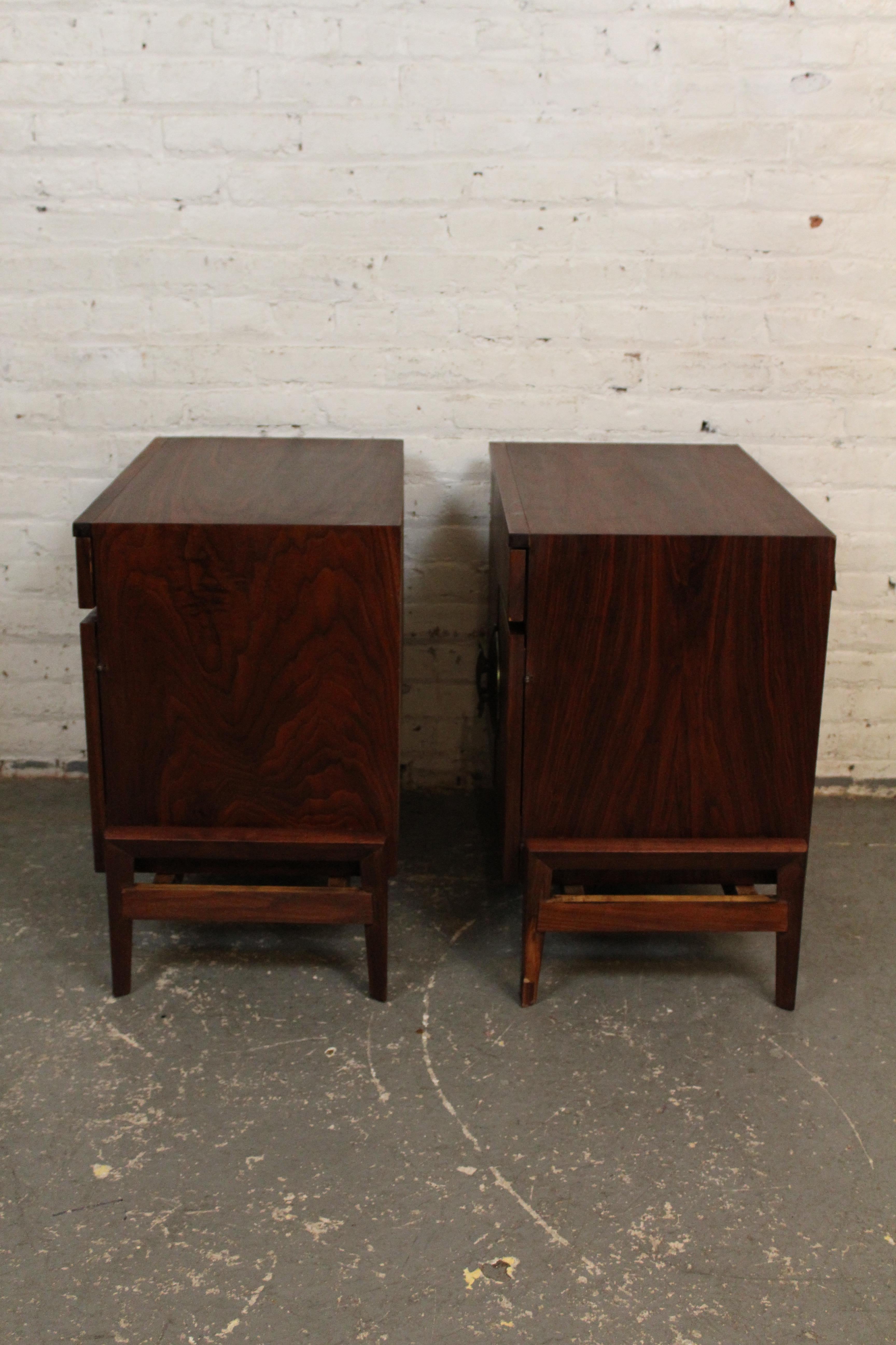 American Sculptural Walnut & Bronze Nightstands by Helen Hobey Baker Inc. For Sale
