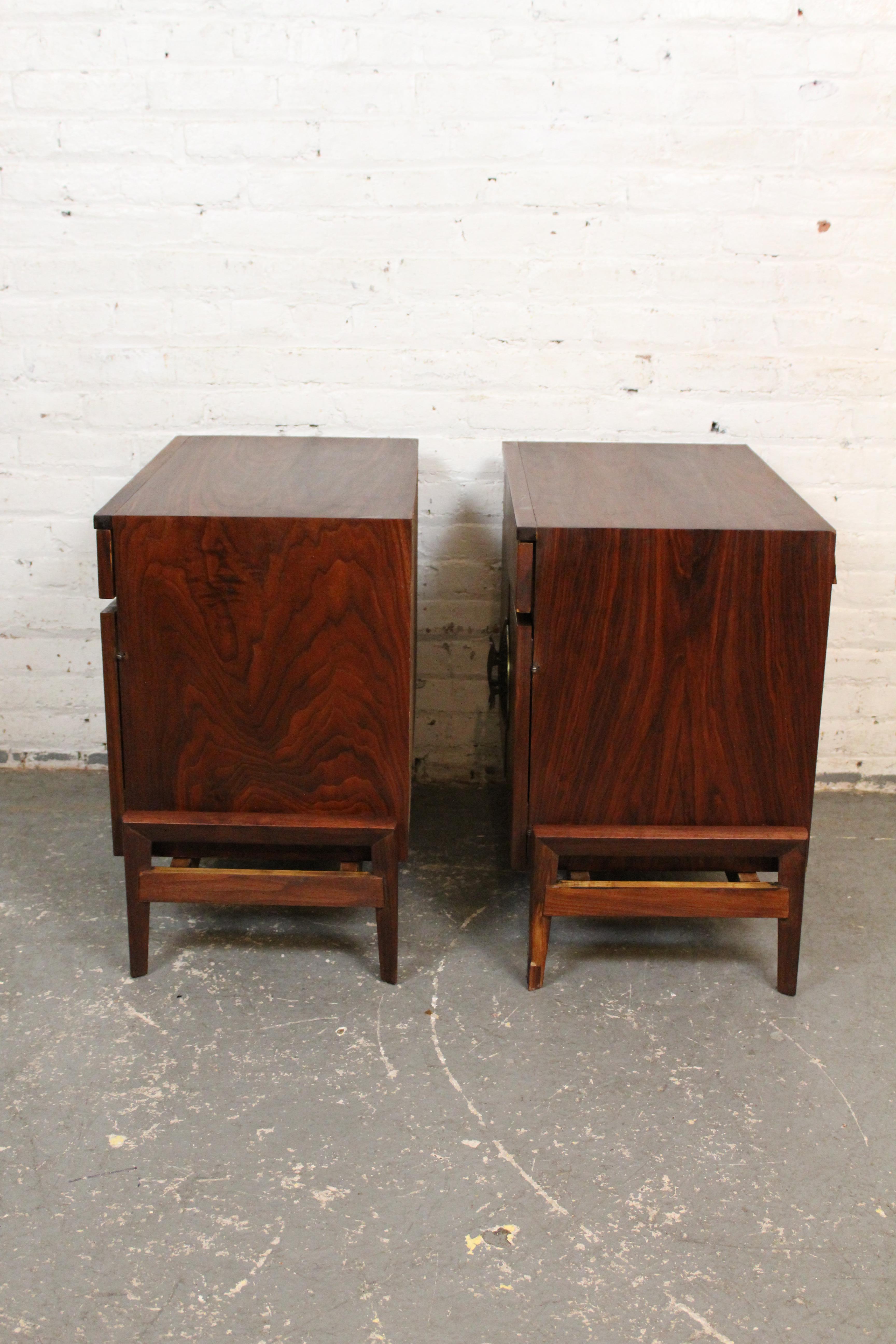 Carved Sculptural Walnut & Bronze Nightstands by Helen Hobey Baker Inc. For Sale