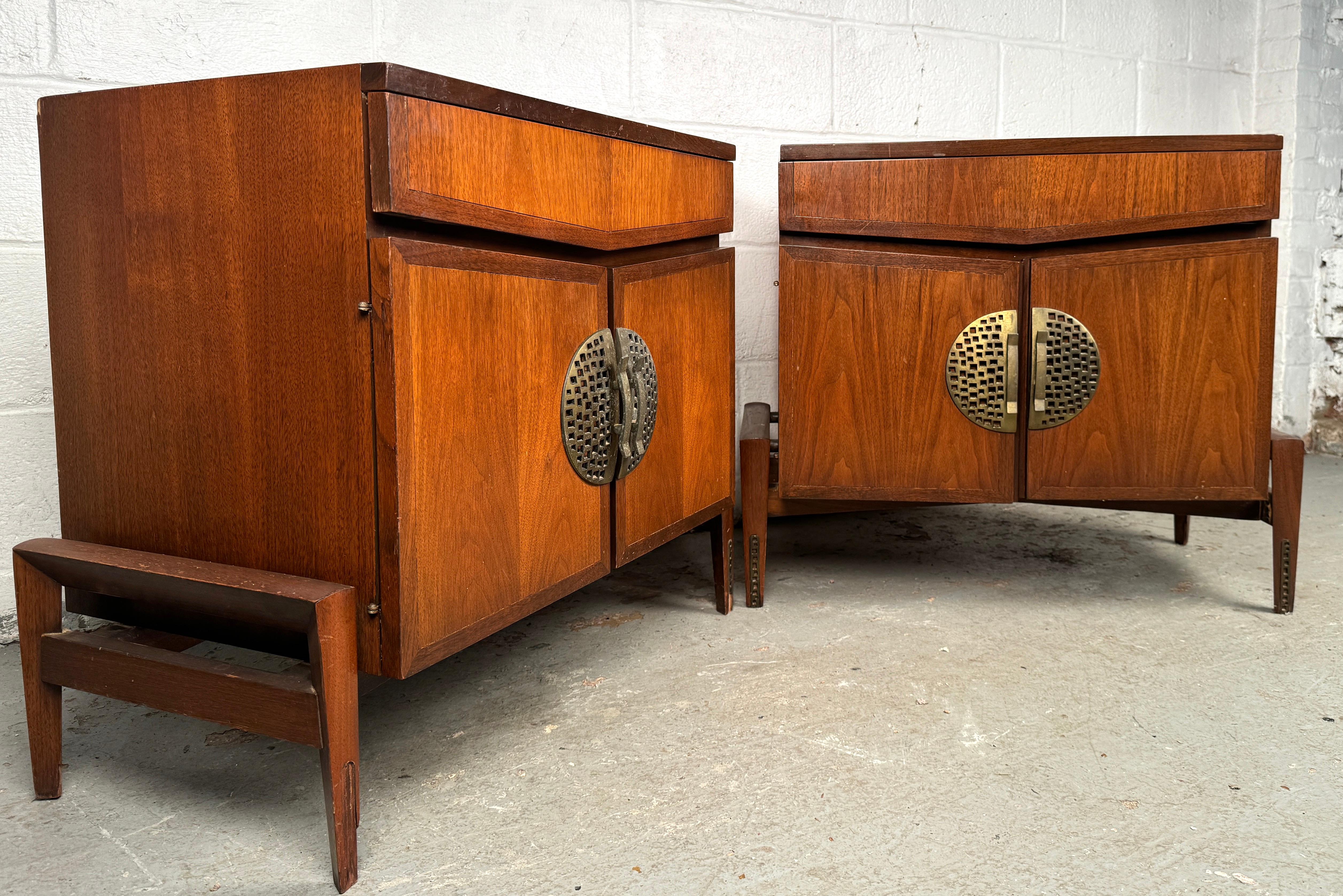 Metal Sculptural Walnut & Bronze Nightstands by Helen Hobey for Baker Inc. For Sale