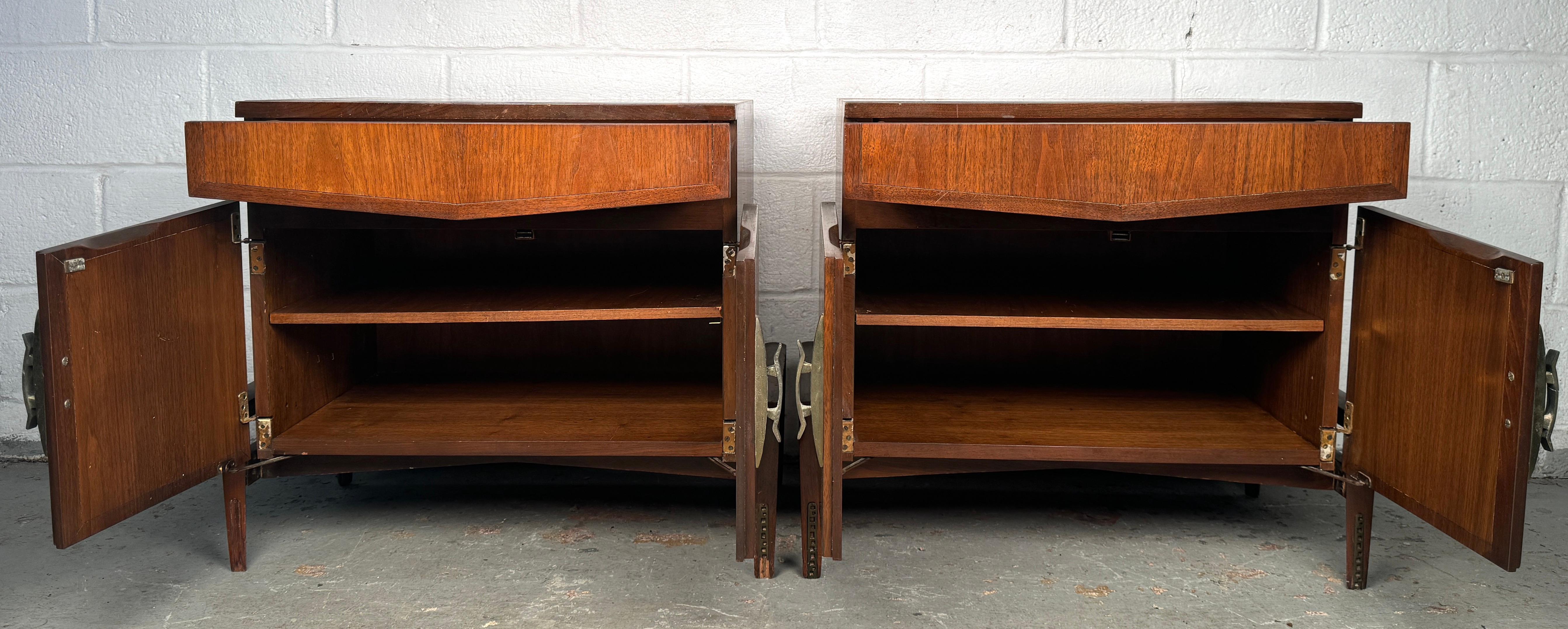 Sculptural Walnut & Bronze Nightstands by Helen Hobey for Baker Inc. For Sale 1