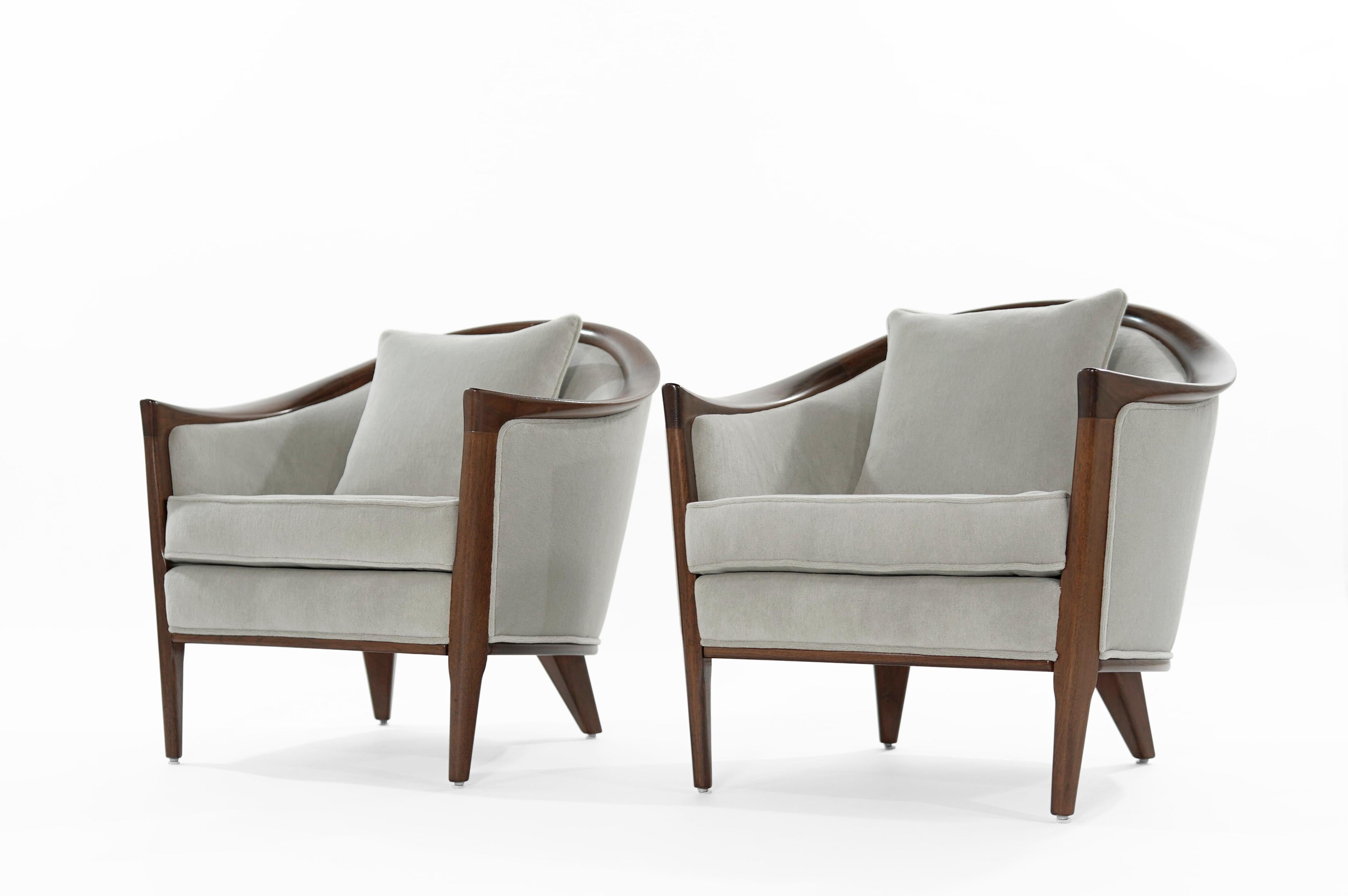 Velvet Sculptural Walnut Frame Lounge Chairs, Sweden, circa 1950s