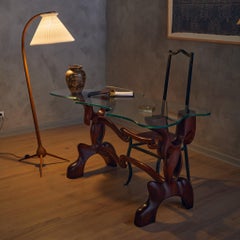 Sculptural Walnut + Glass Top Console Table by Paul László, 1950s