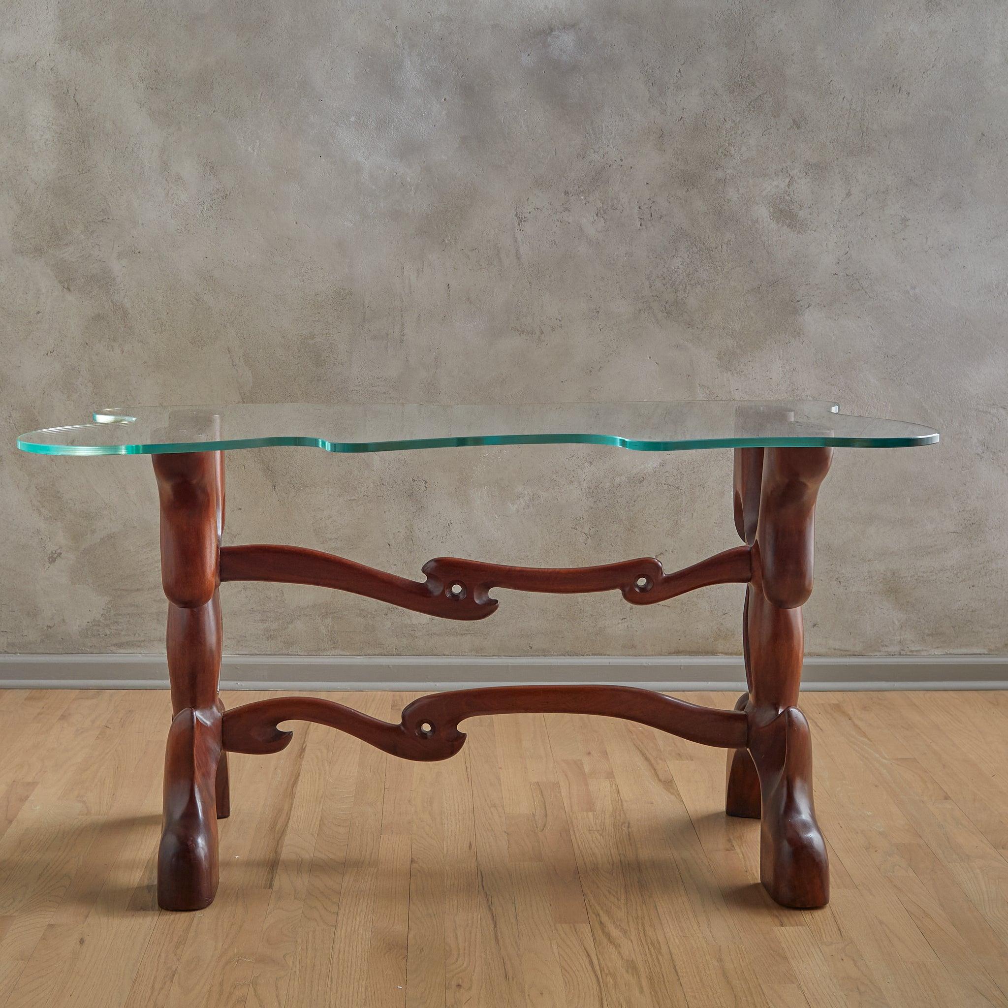 Mid-Century moderno Tavolo consolle scultoreo in noce e vetro di Paul László, anni '50 in vendita