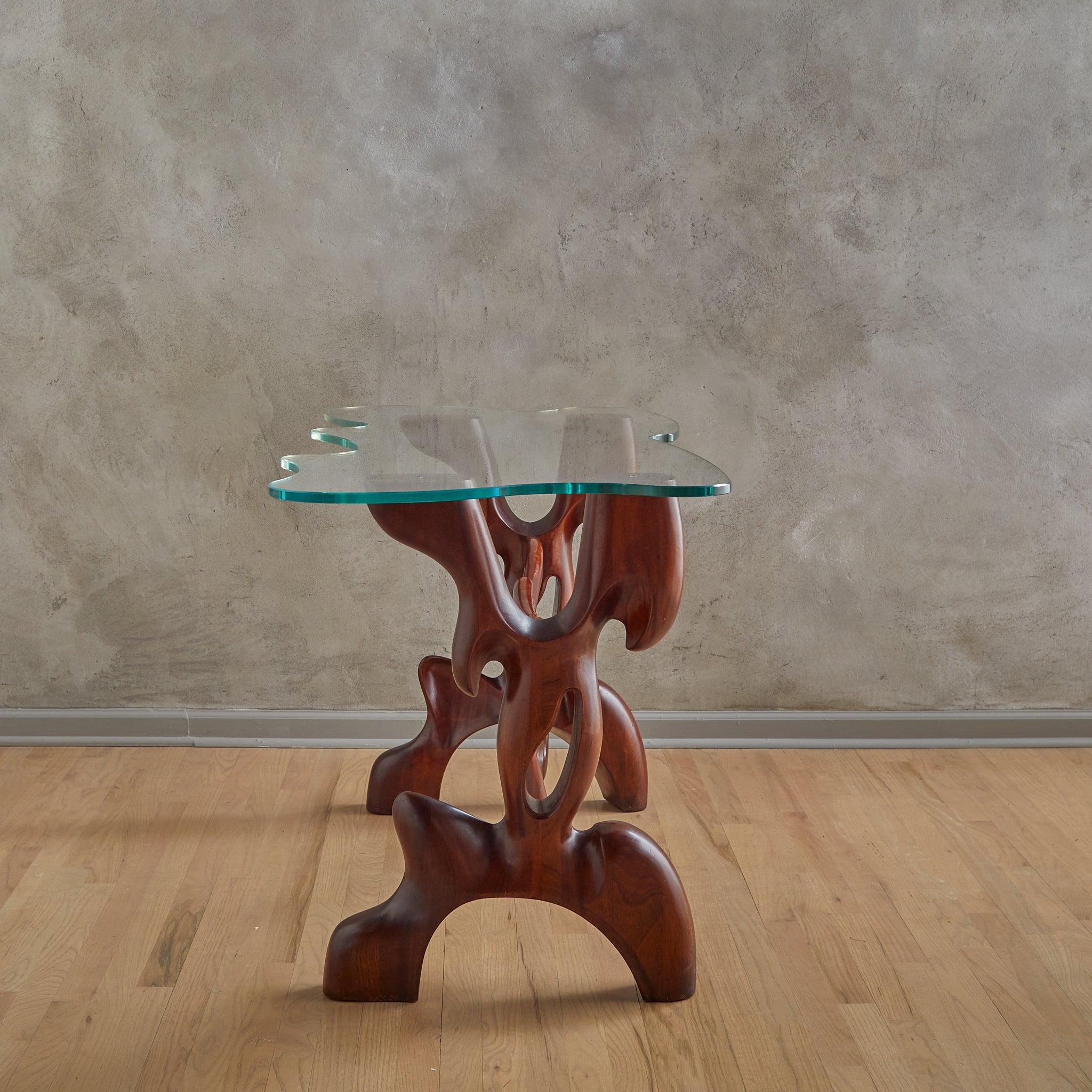 Ungherese Tavolo consolle scultoreo in noce e vetro di Paul László, anni '50 in vendita