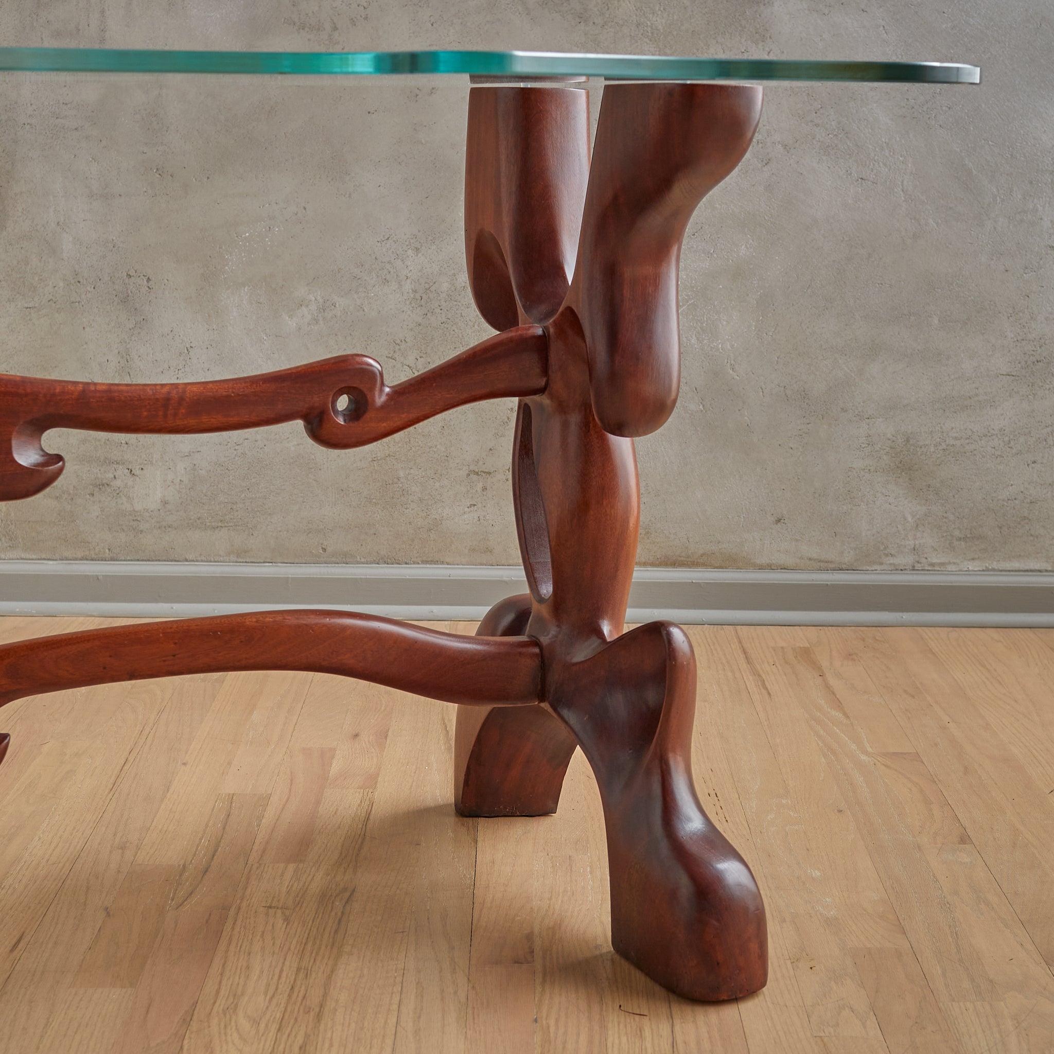 Metà XX secolo Tavolo consolle scultoreo in noce e vetro di Paul László, anni '50 in vendita