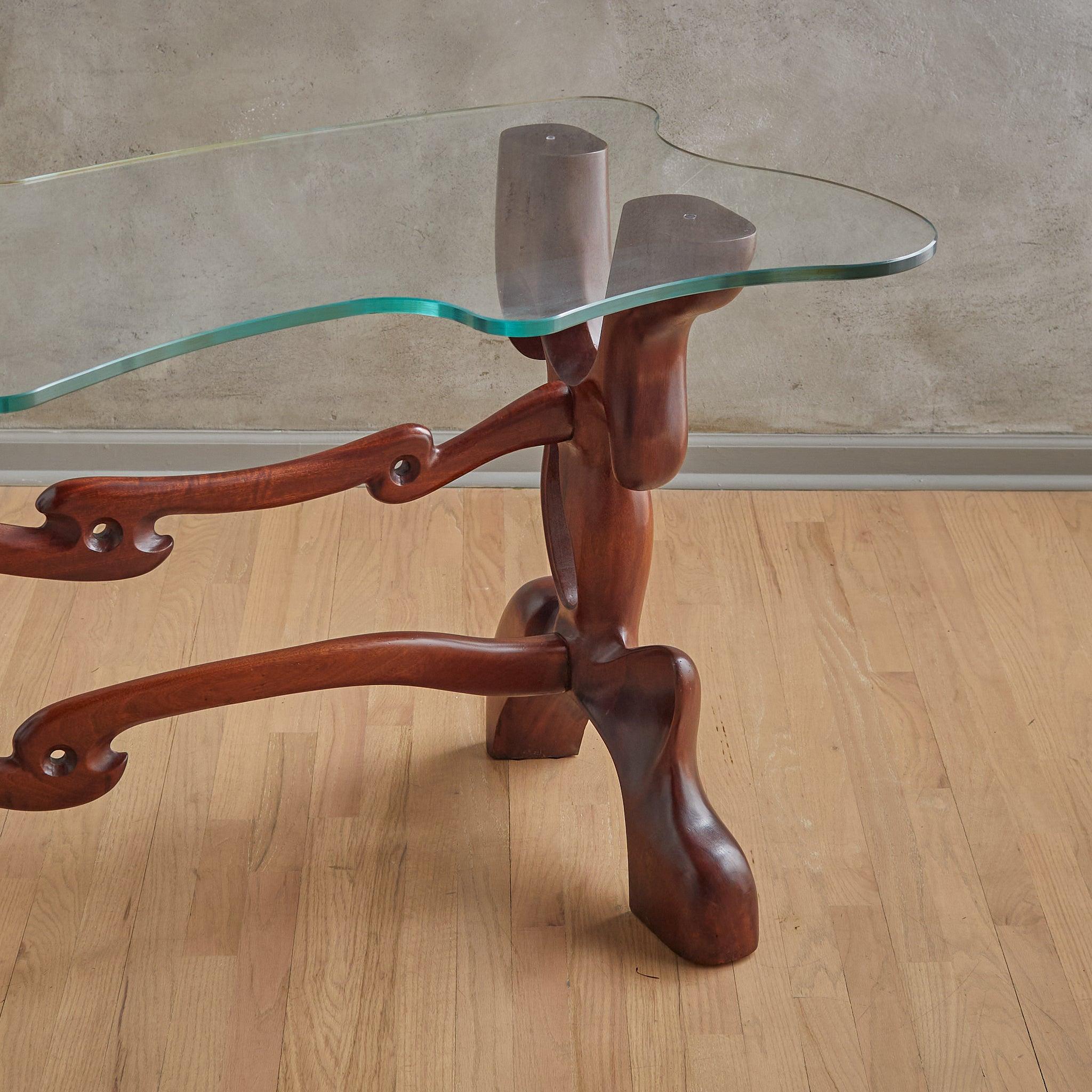 Tavolo consolle scultoreo in noce e vetro di Paul László, anni '50 in vendita 2