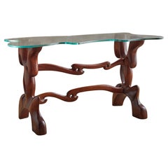 Tavolo consolle scultoreo in noce e vetro di Paul László, anni '50