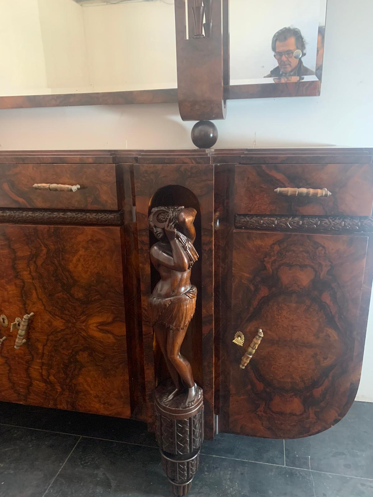 Sculptural Walnut Sideboard and Mirror, 1920s For Sale 4