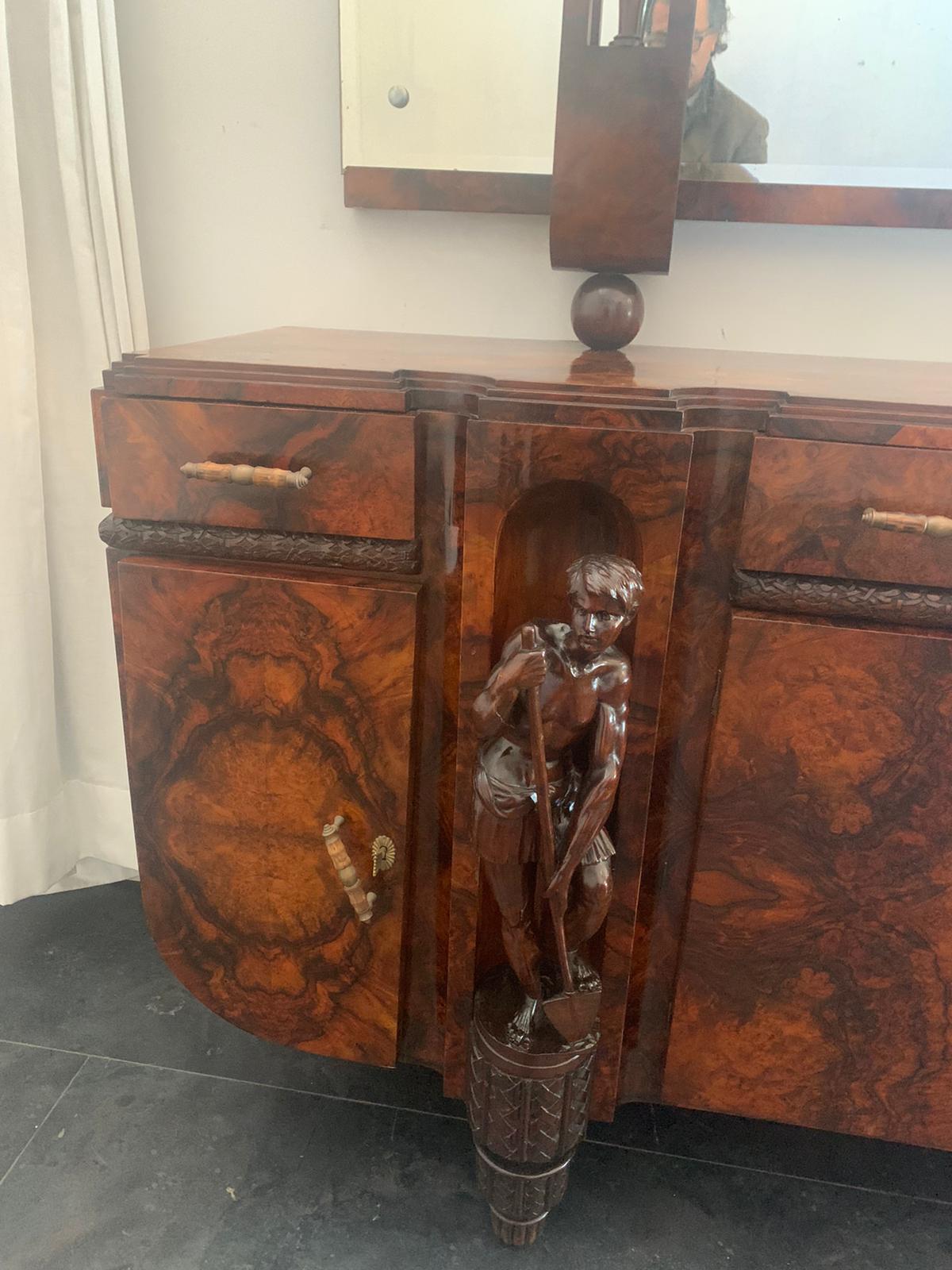 Sculptural Walnut Sideboard and Mirror, 1920s For Sale 5