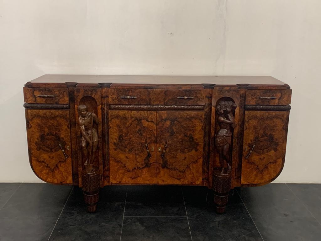 Sculptural Walnut Sideboard and Mirror, 1920s For Sale 8