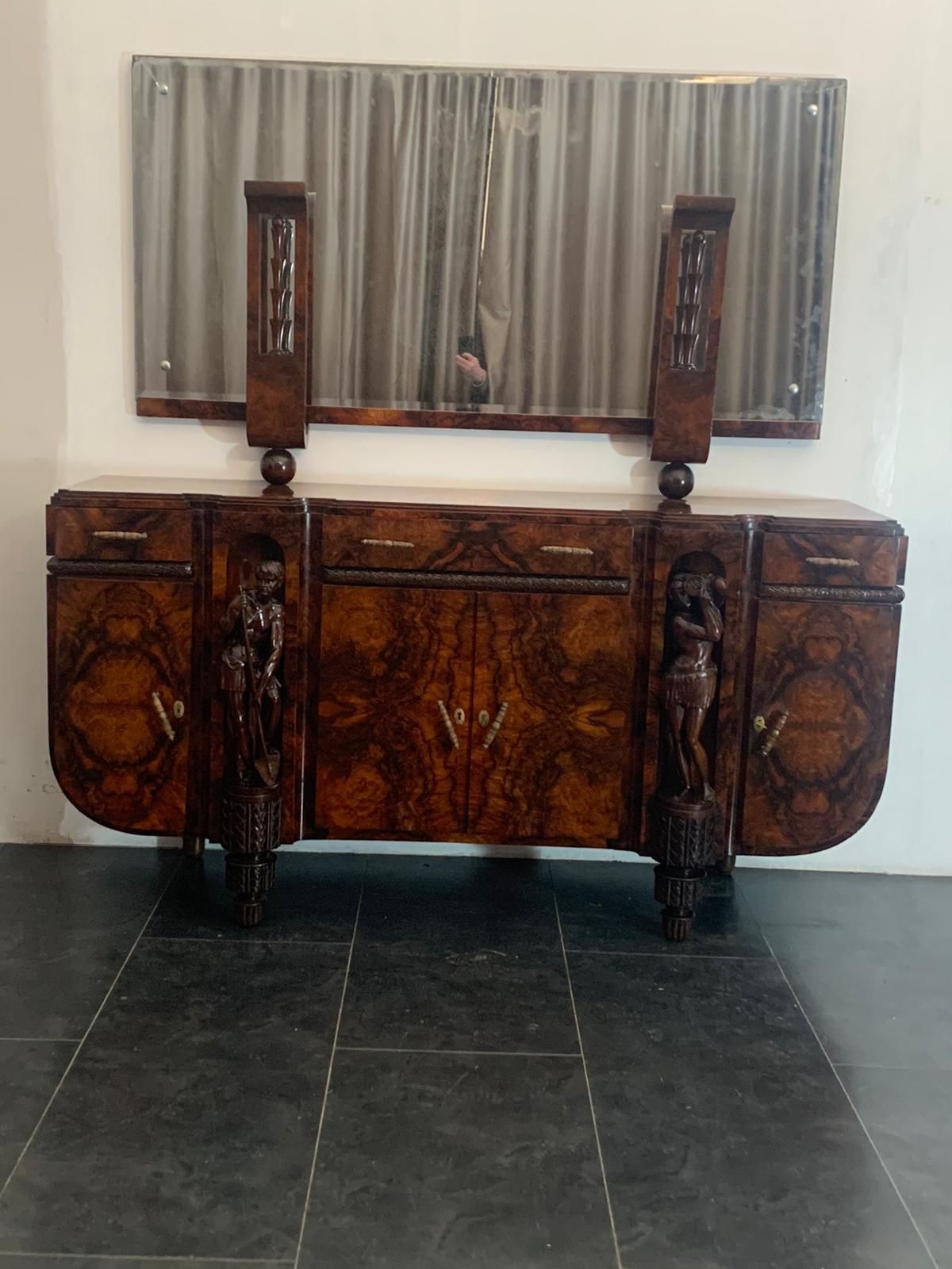 Art Deco Sculptural Walnut Sideboard and Mirror, 1920s For Sale