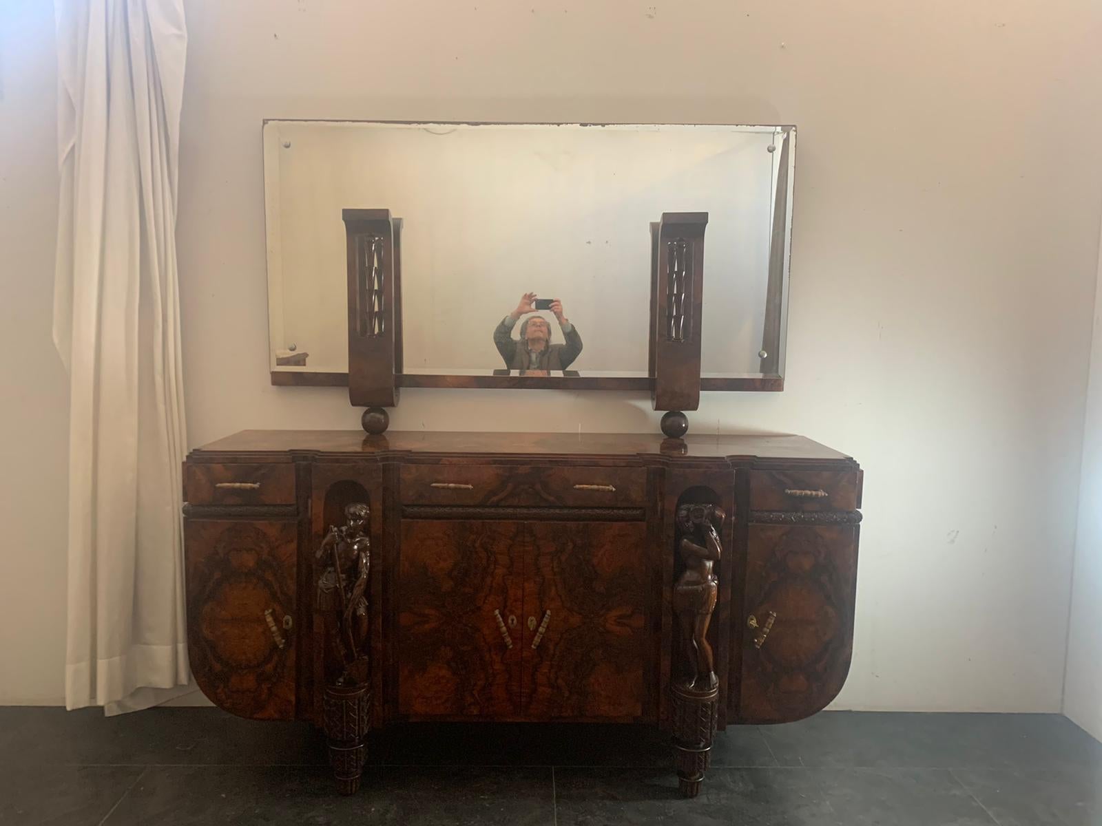 Early 20th Century Sculptural Walnut Sideboard and Mirror, 1920s For Sale