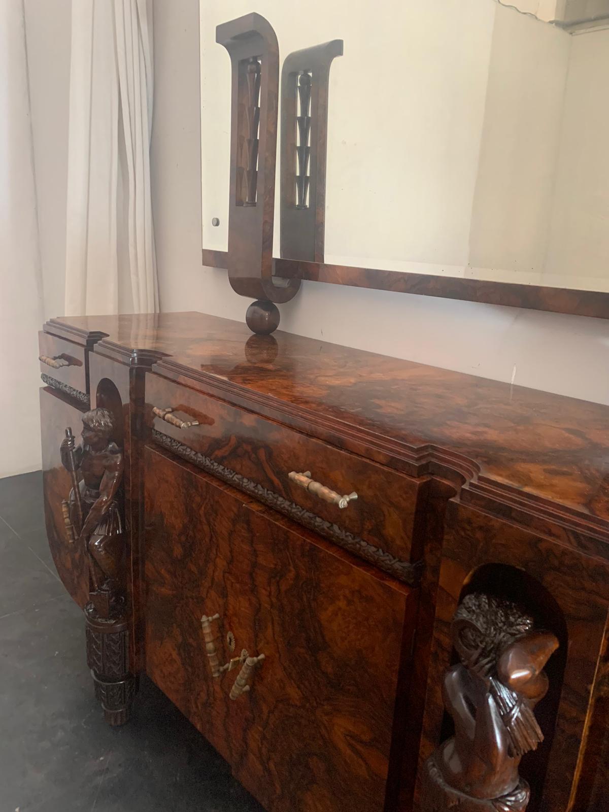 Sculptural Walnut Sideboard and Mirror, 1920s For Sale 2