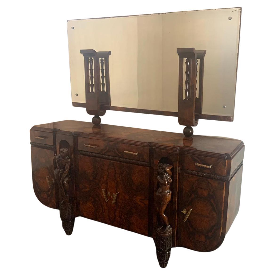 Sculptural Walnut Sideboard and Mirror, 1920s For Sale