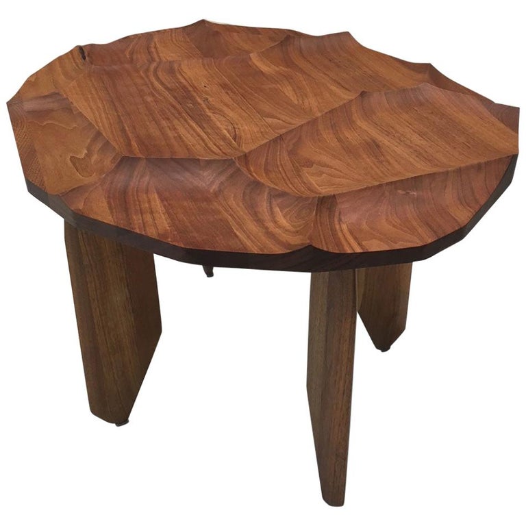 Sculptural Walnut Wood Side Occasional Table with Hand Carved Textured