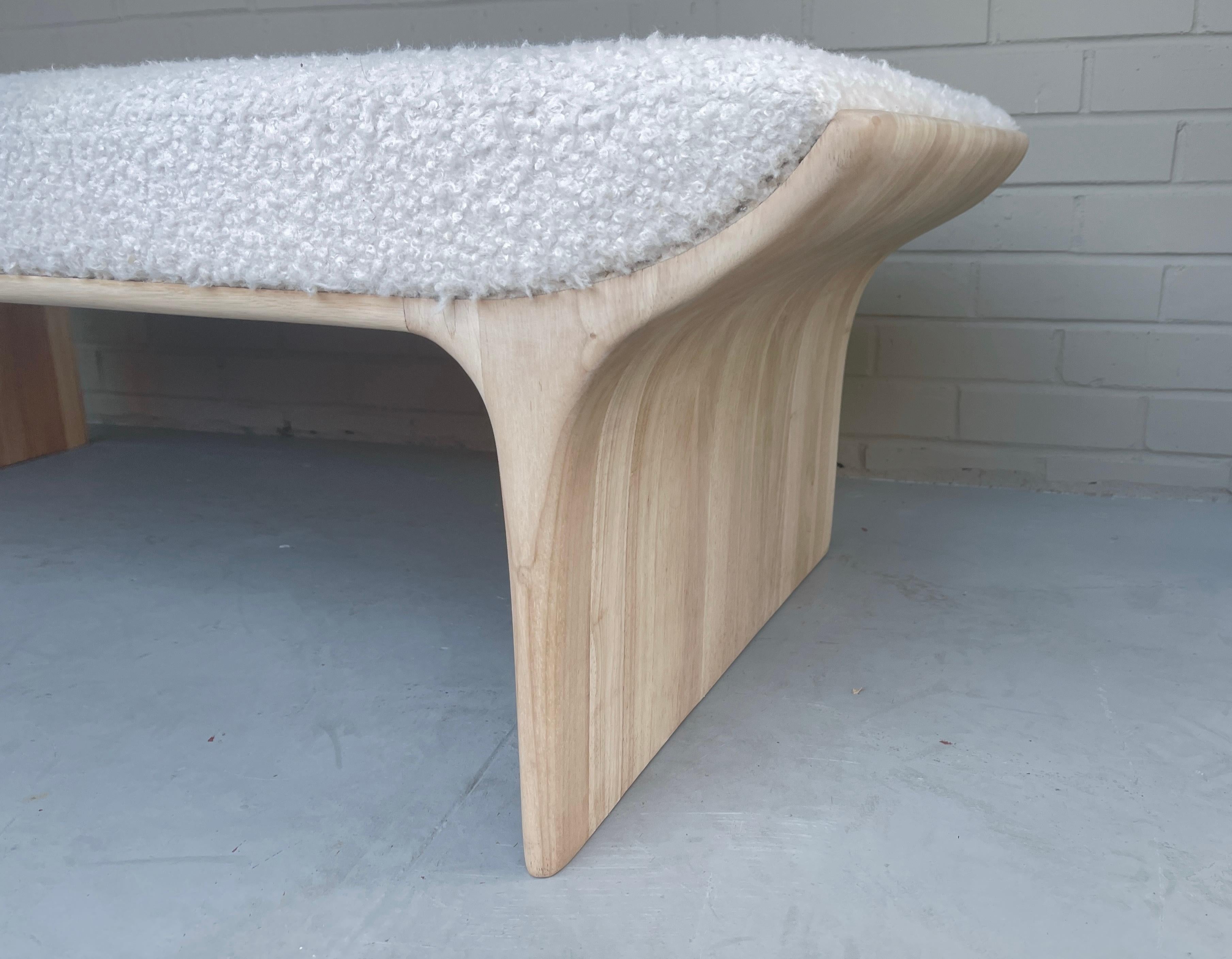 Bouclé Sculptural Waterfall Bench Daybed, Scandinavian Soap Wood Finish Organic Modern