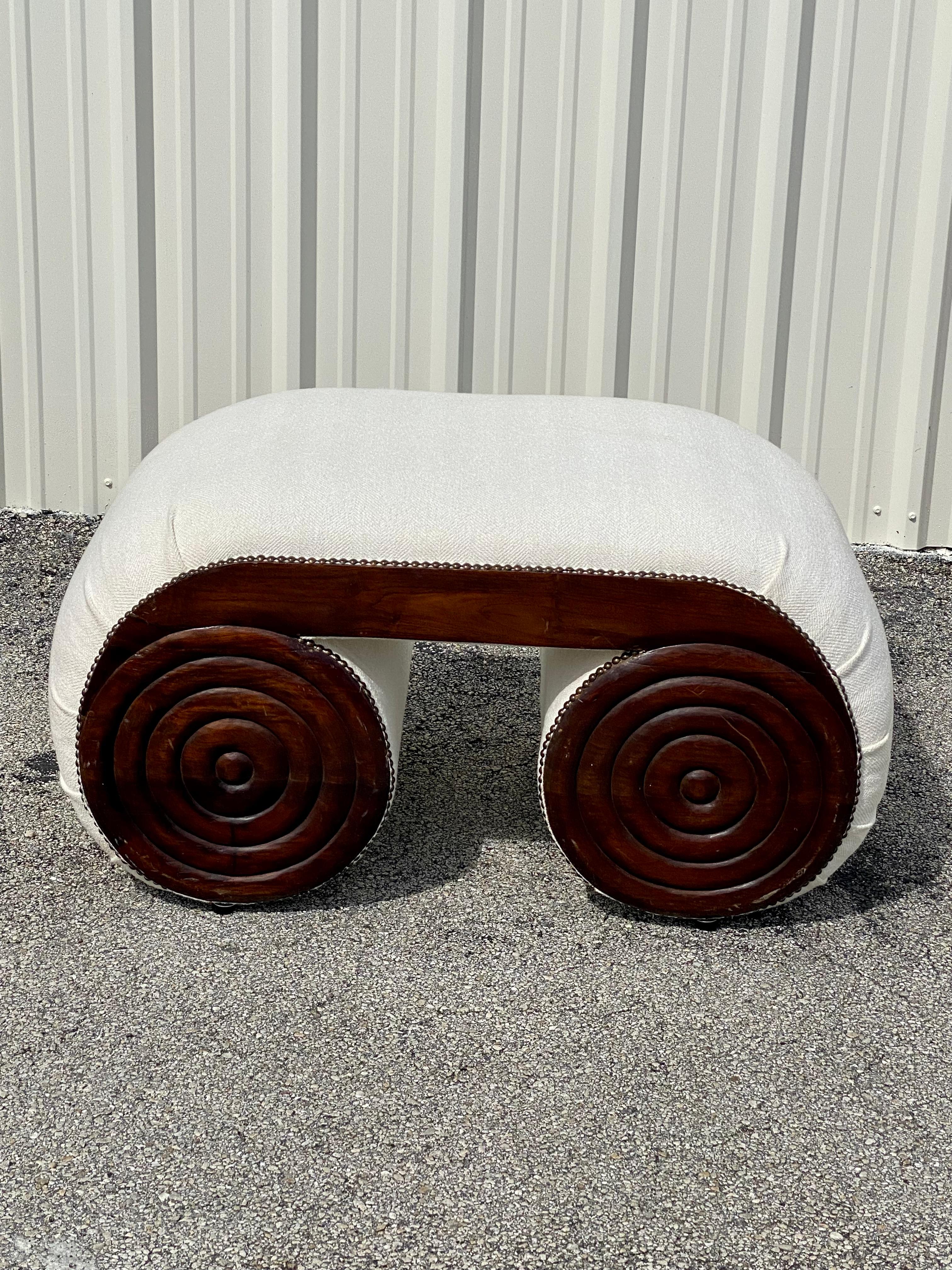 Mid-Century Modern Sculptural Waterfall Scroll Carved Gilt Walnut Nailhead Bench Table For Sale