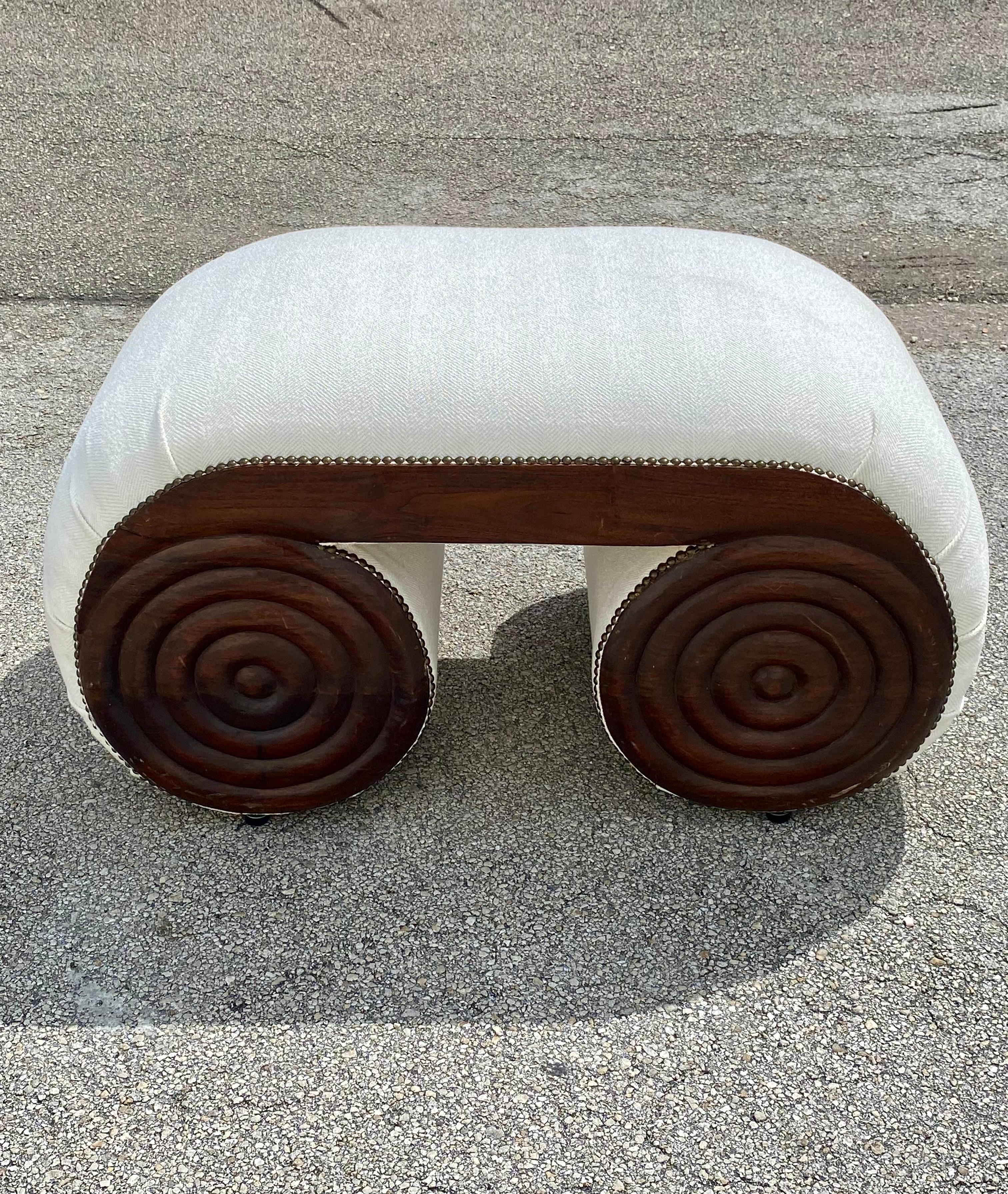 Mid-20th Century Sculptural Waterfall Scroll Carved Gilt Walnut Nailhead Bench Table For Sale